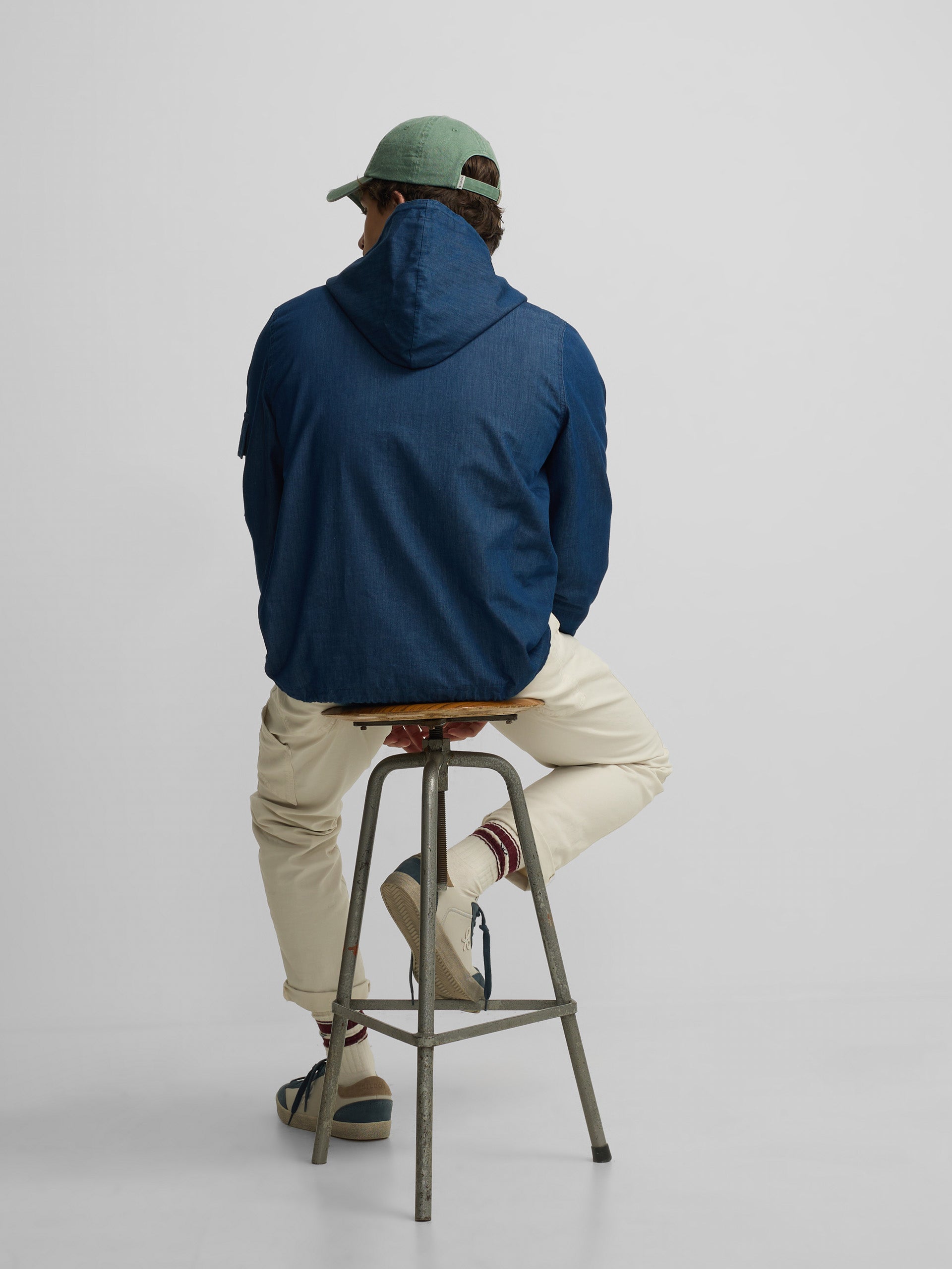 Blue denim windbreaker with hood