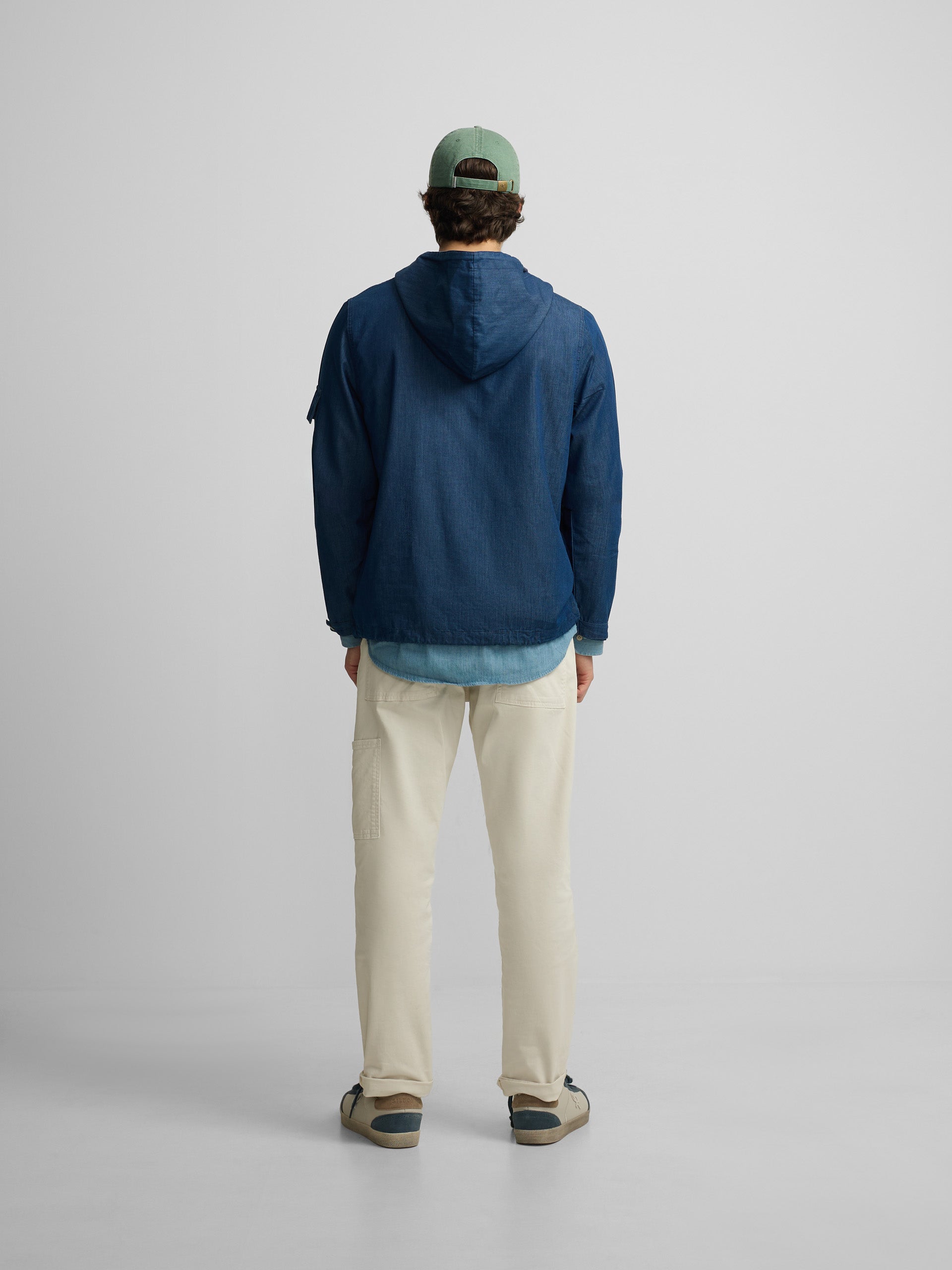 Blue denim windbreaker with hood