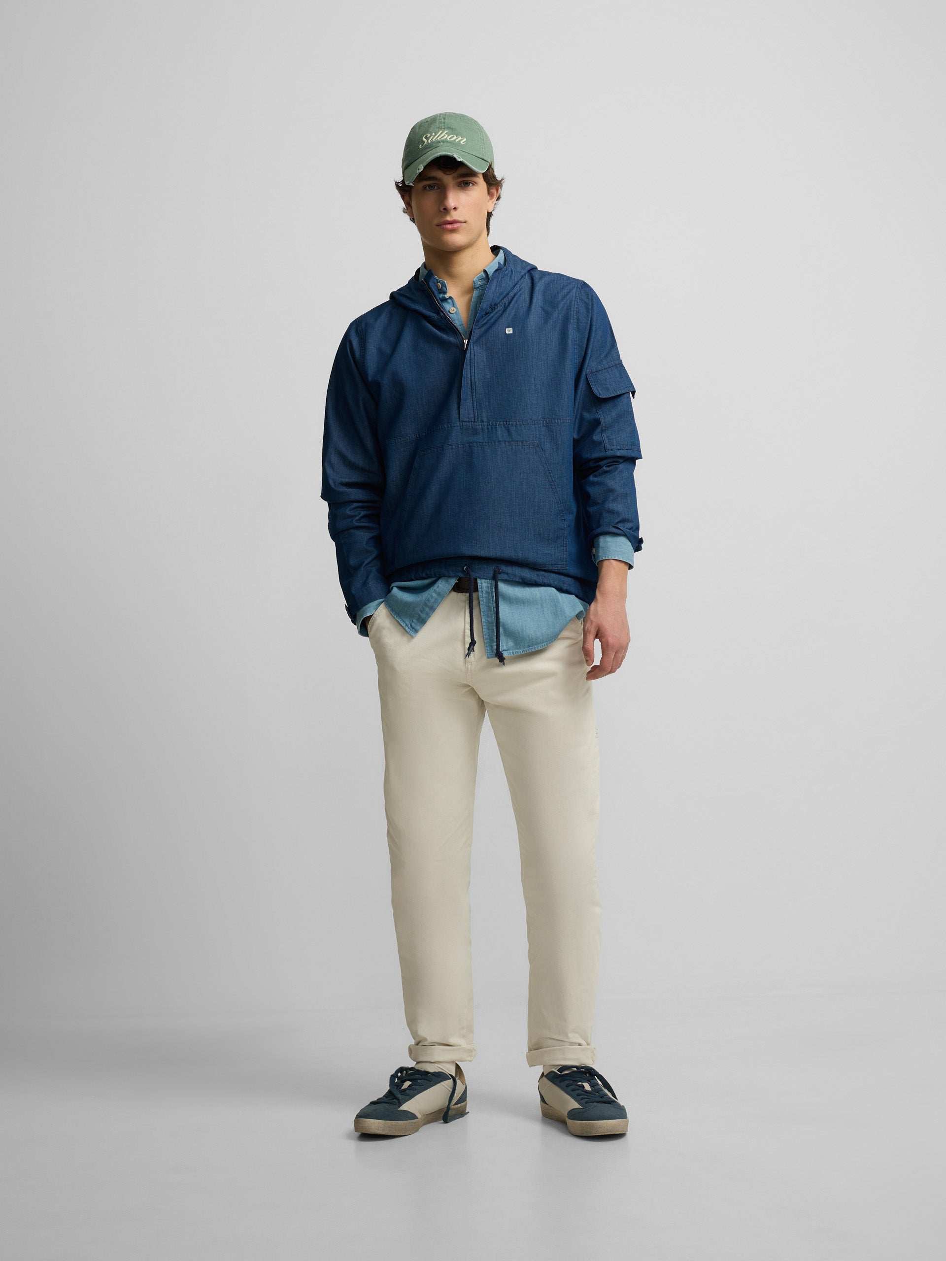 Blue denim windbreaker with hood