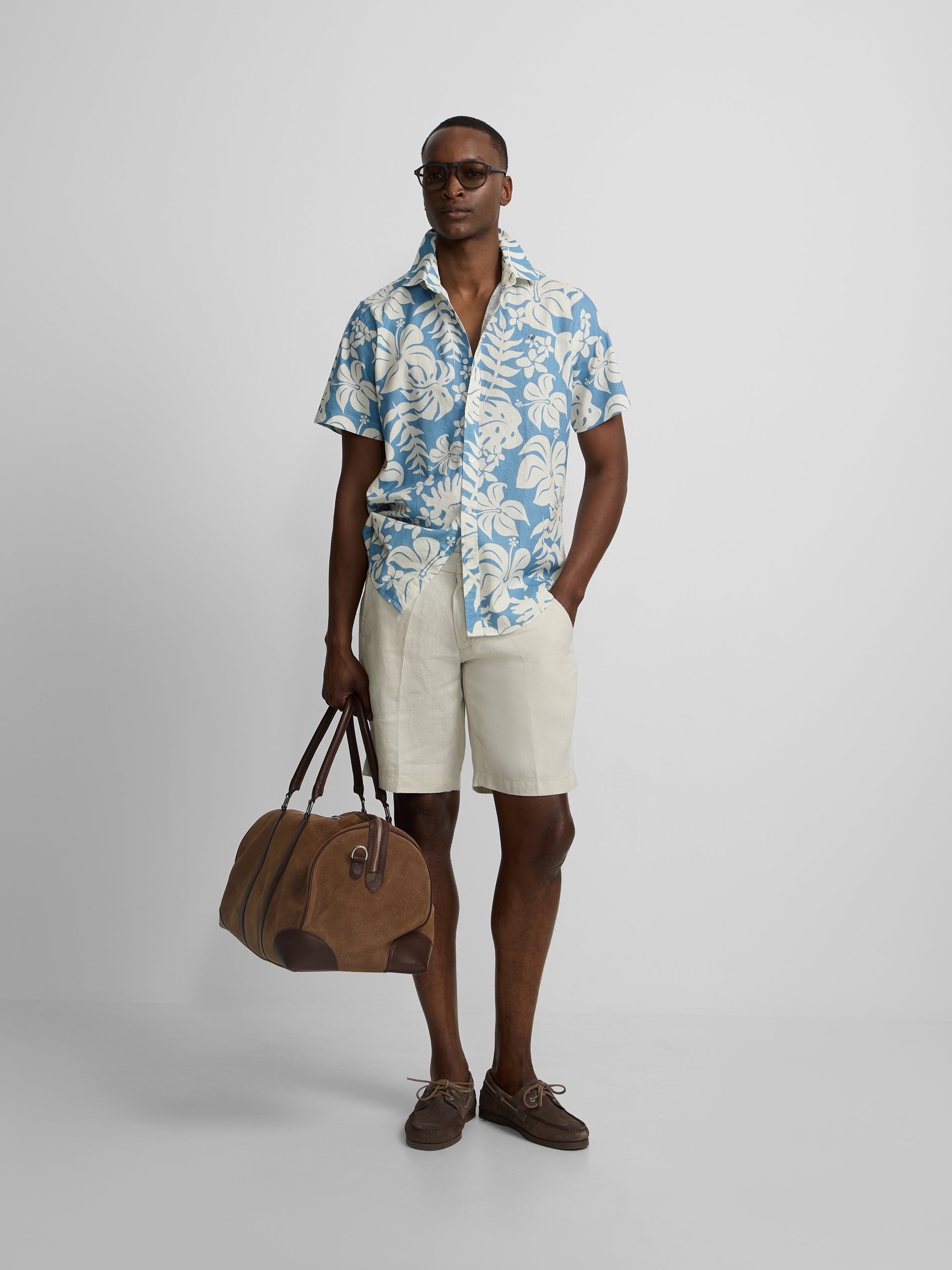 Camisa manga corta lino estampado azul