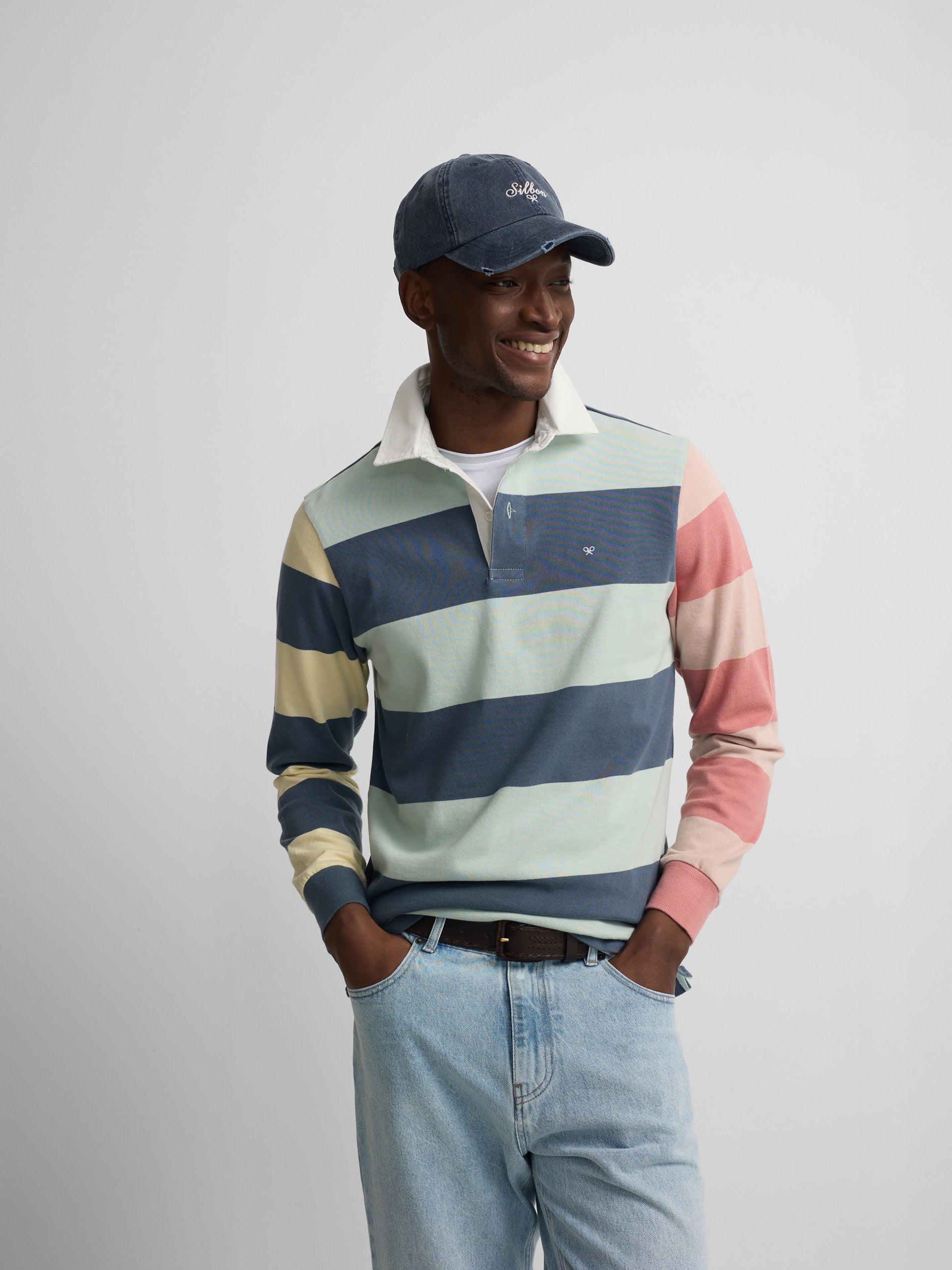 Polo de manga comprida às riscas multicolor