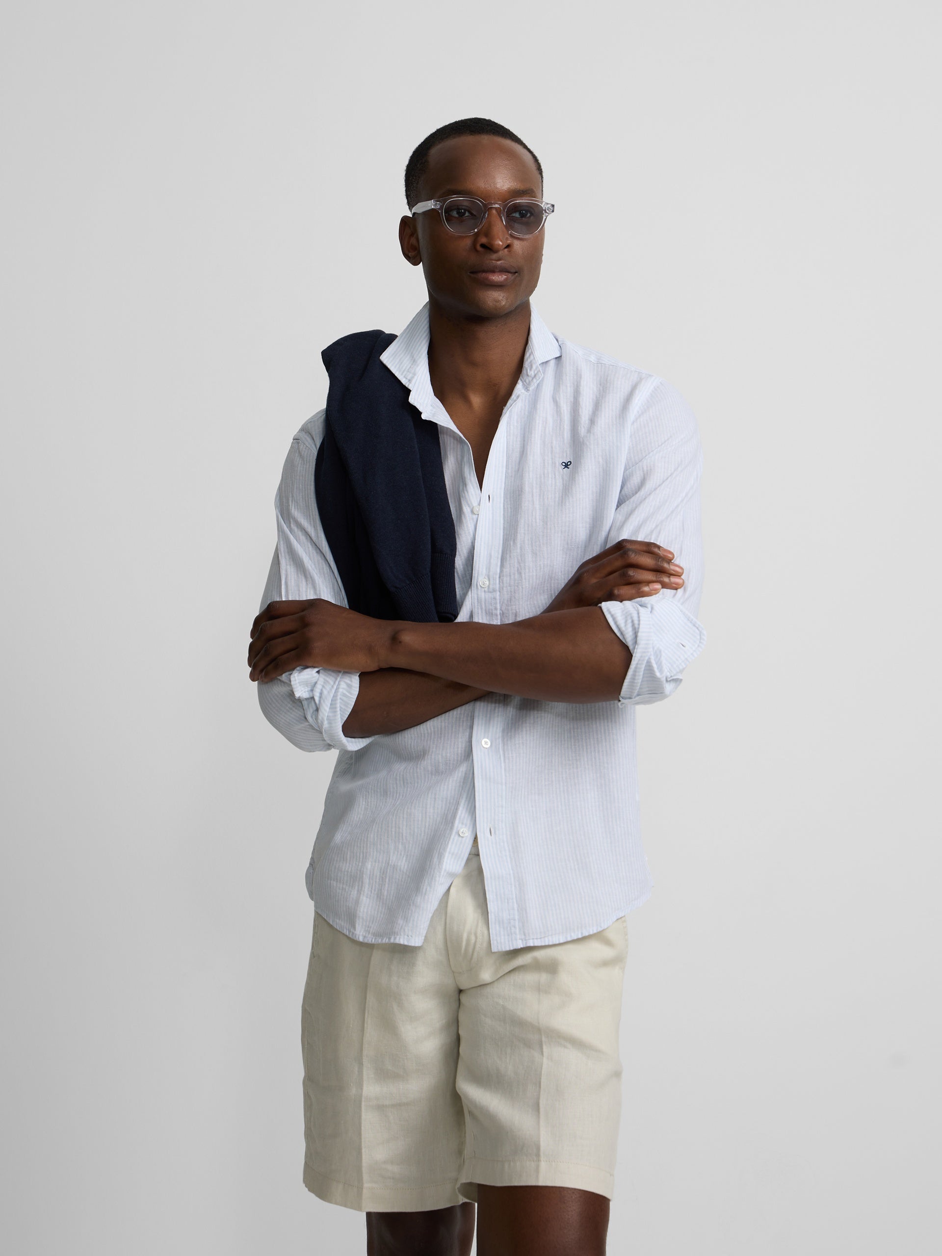 Camisa sport lino rayas celeste