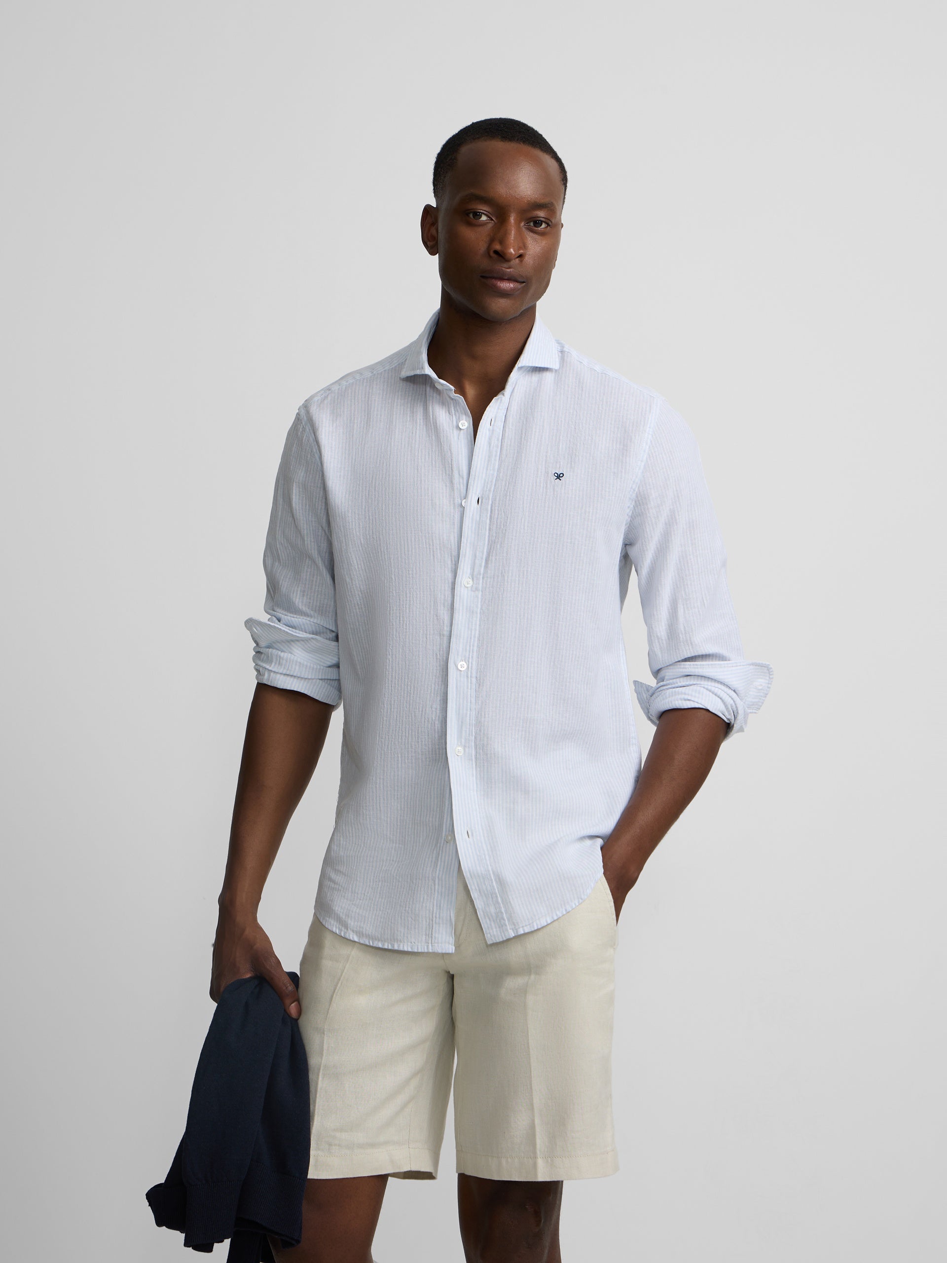 Camisa sport lino rayas celeste