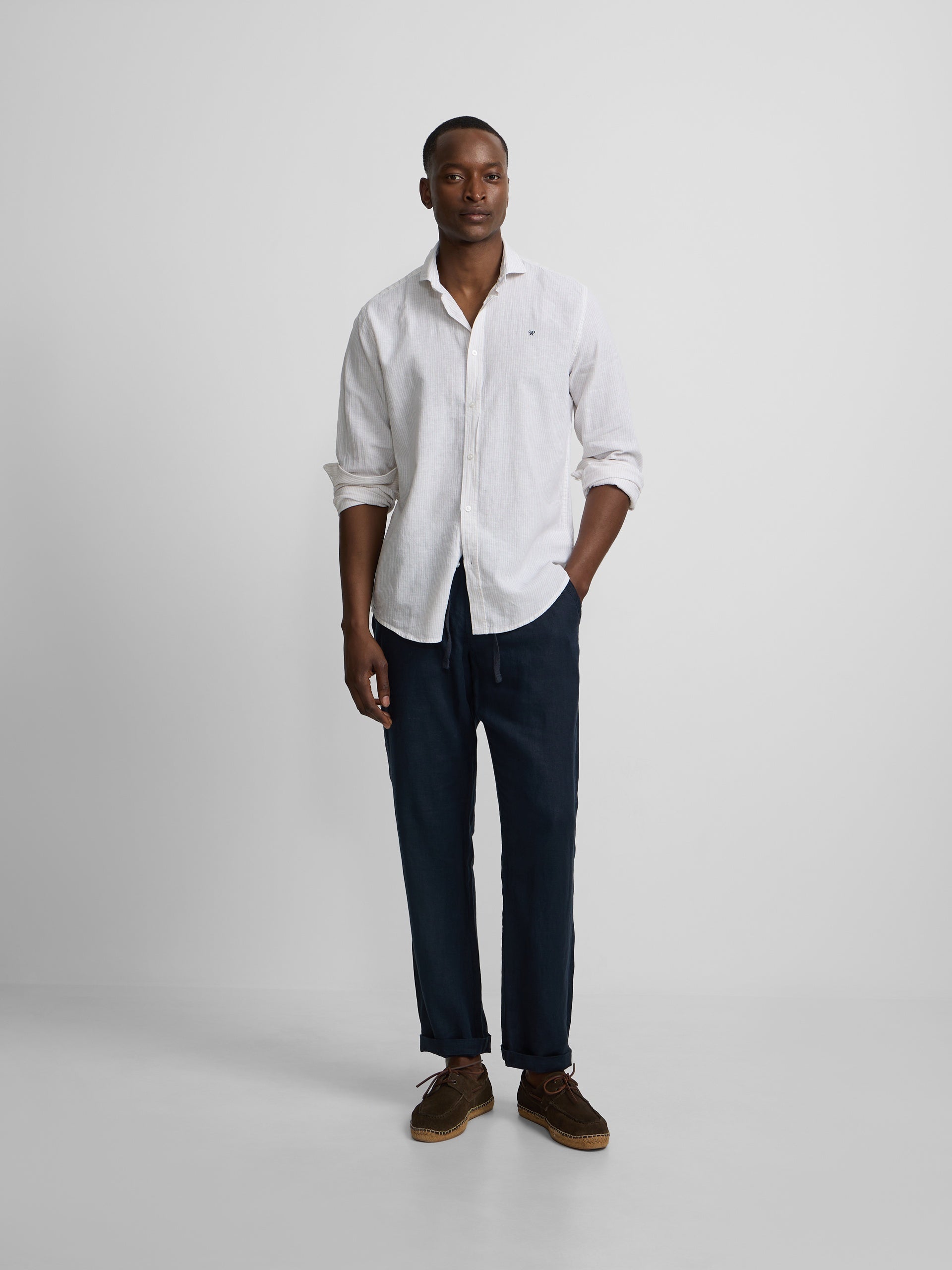 Camisa sport lino rayas beige