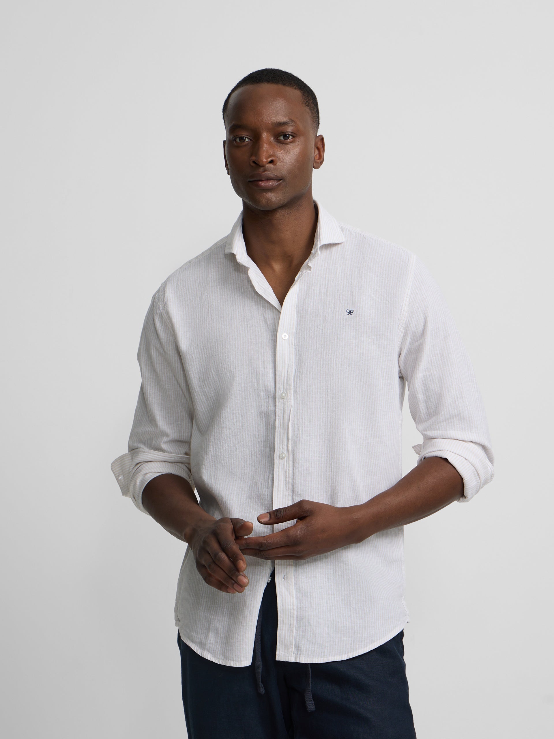 Camisa sport lino rayas beige
