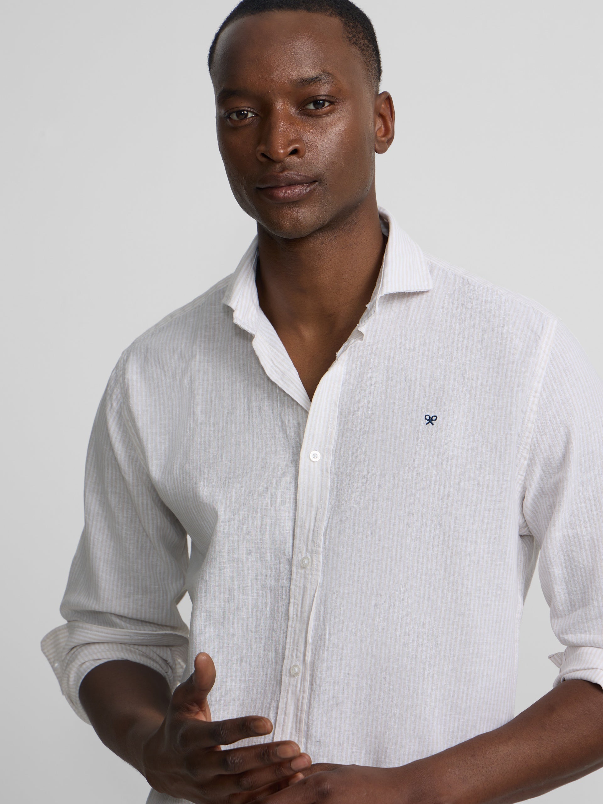 Camisa sport lino rayas beige