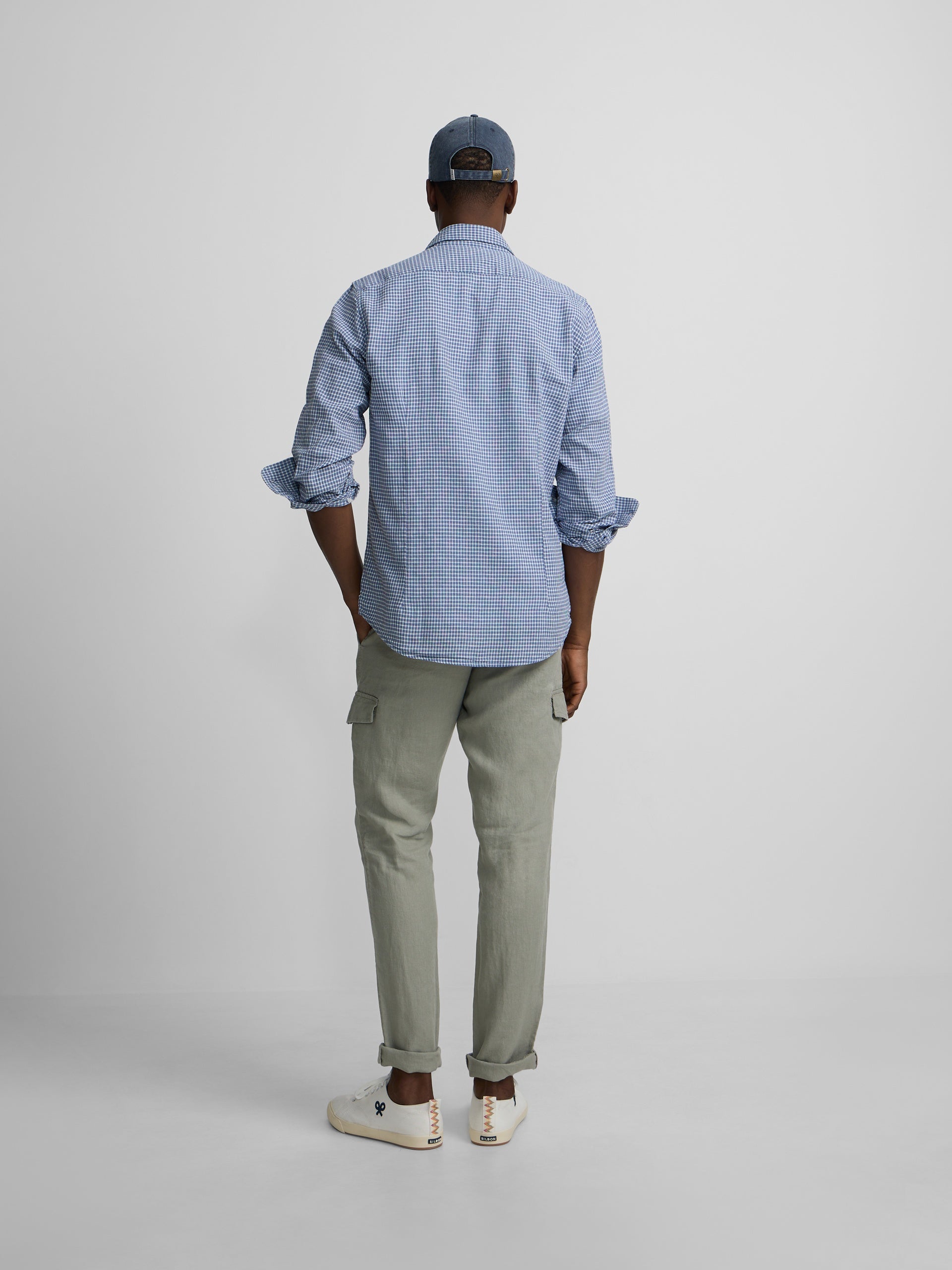Camisa sport lino cuadros azul indigo
