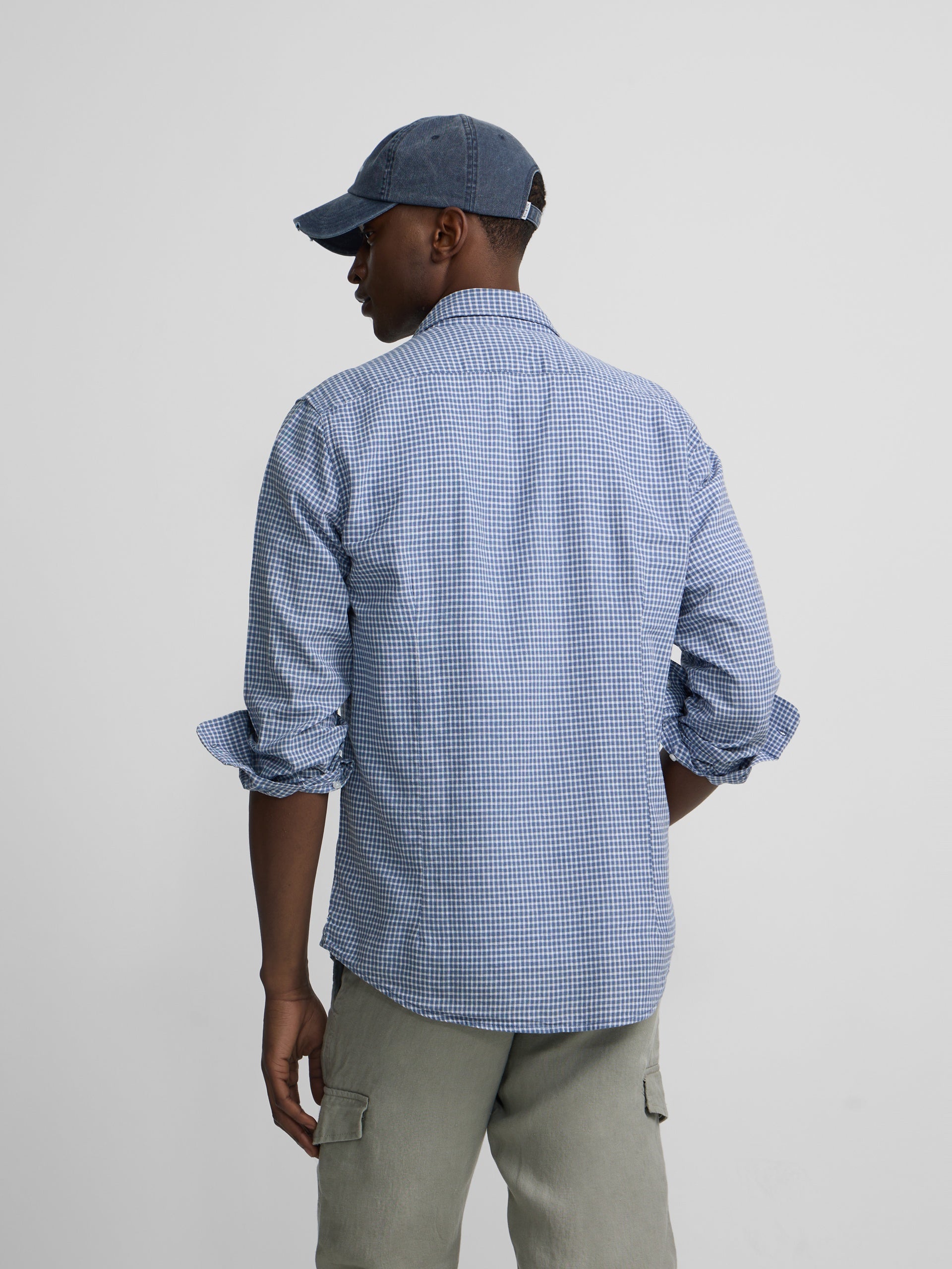Camisa sport lino cuadros azul indigo