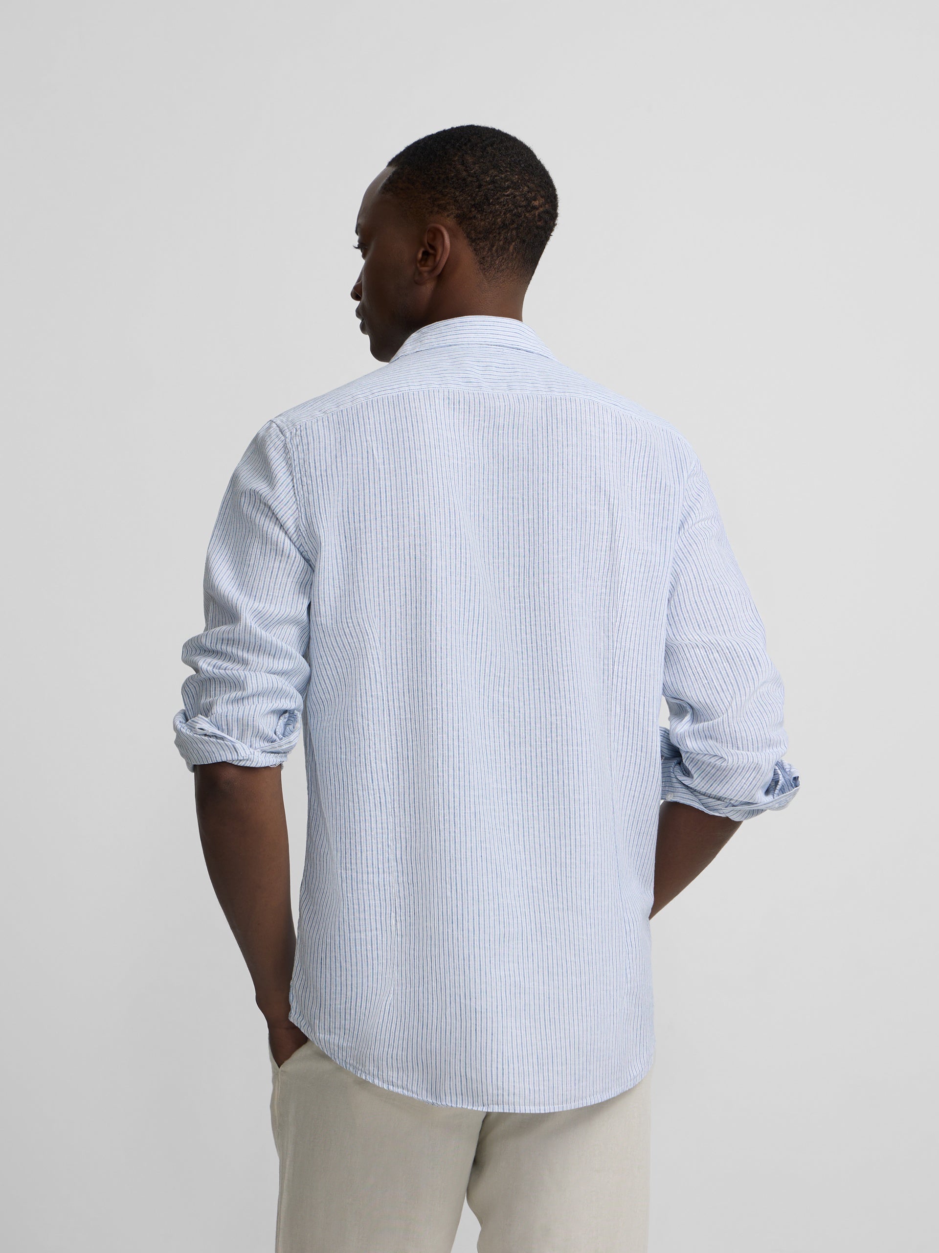 Camisa sport lino multirayas azul