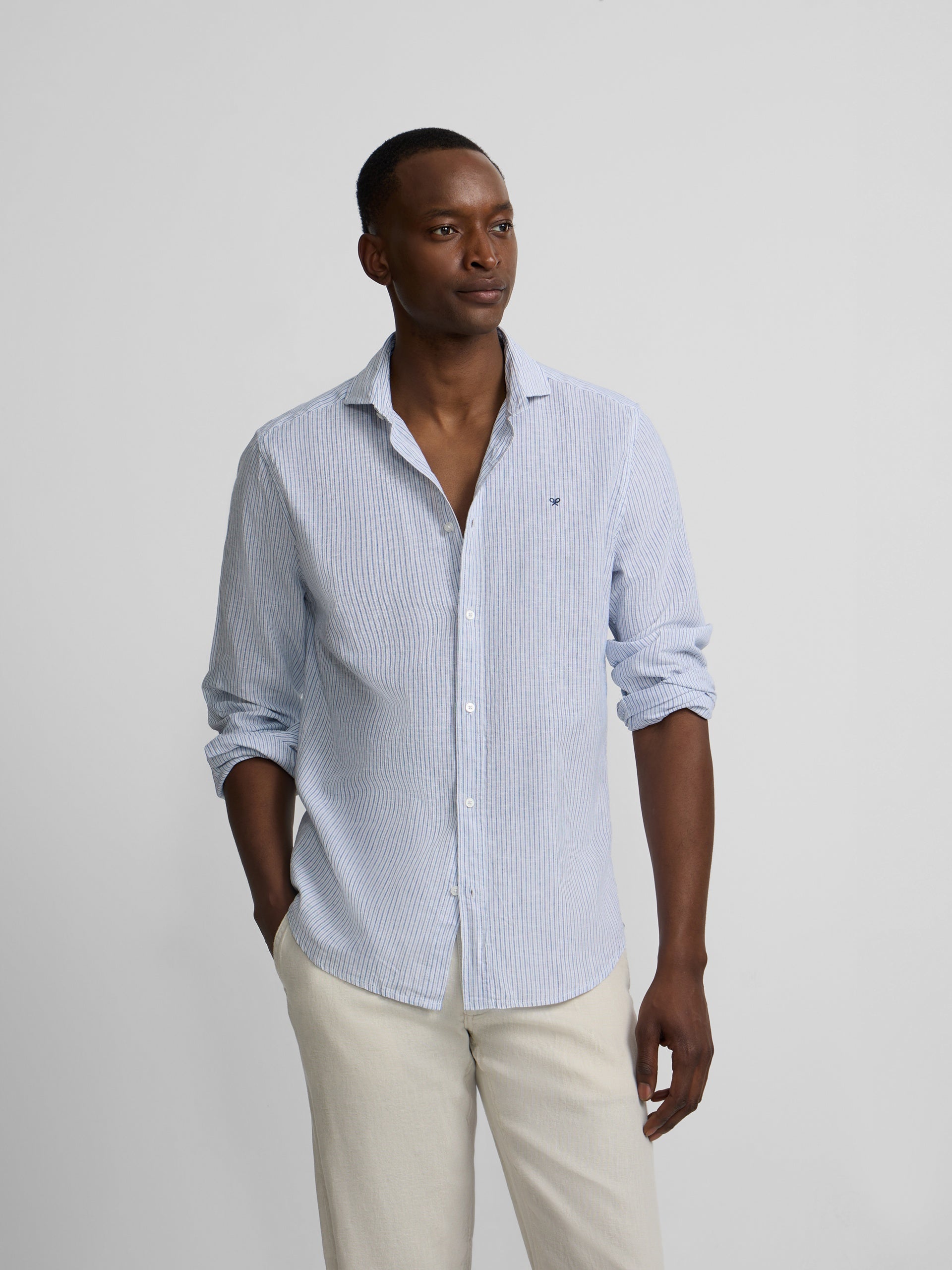 Camisa sport lino multirayas azul