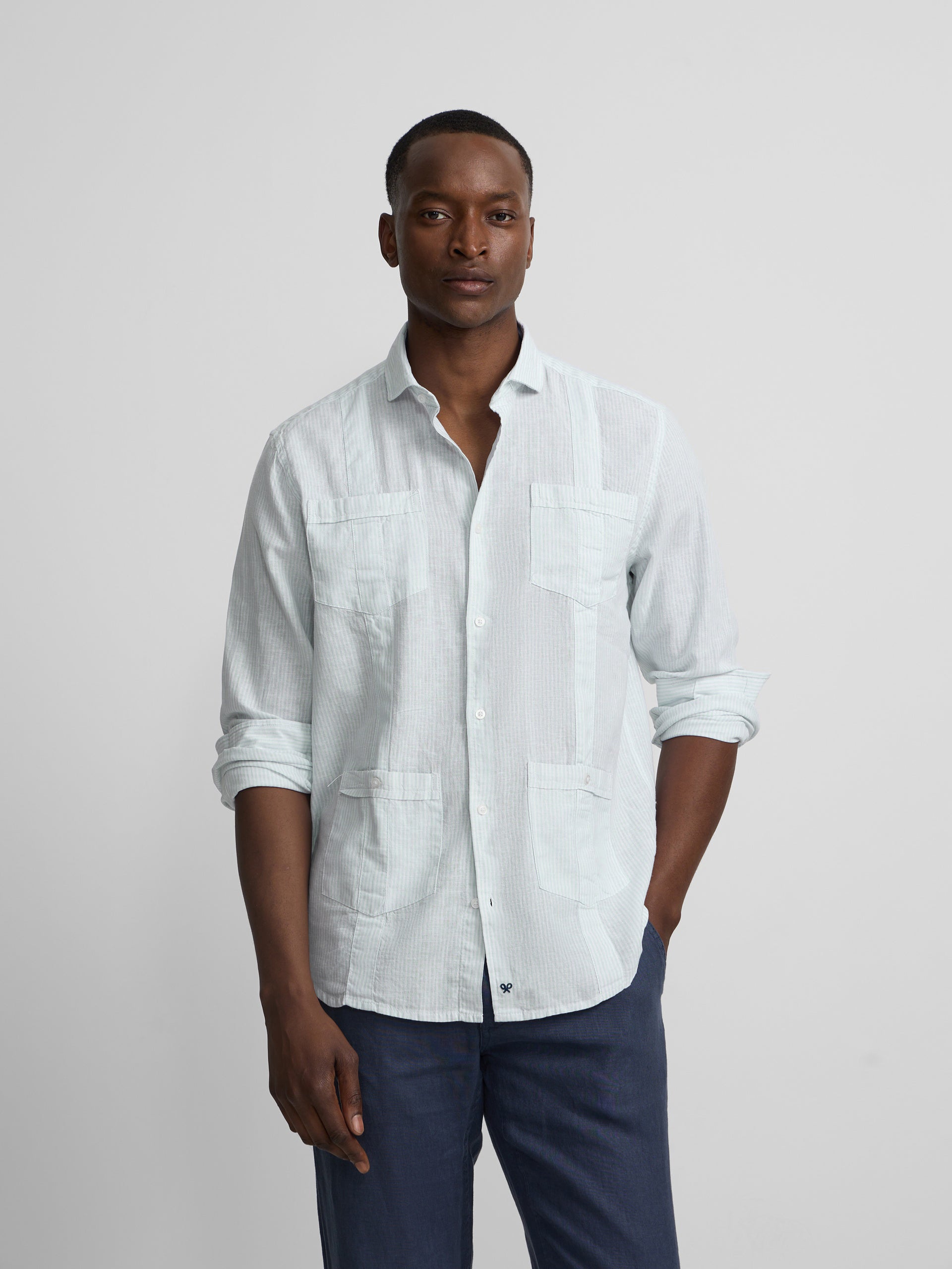 Guayabera sport lino rayas verdes