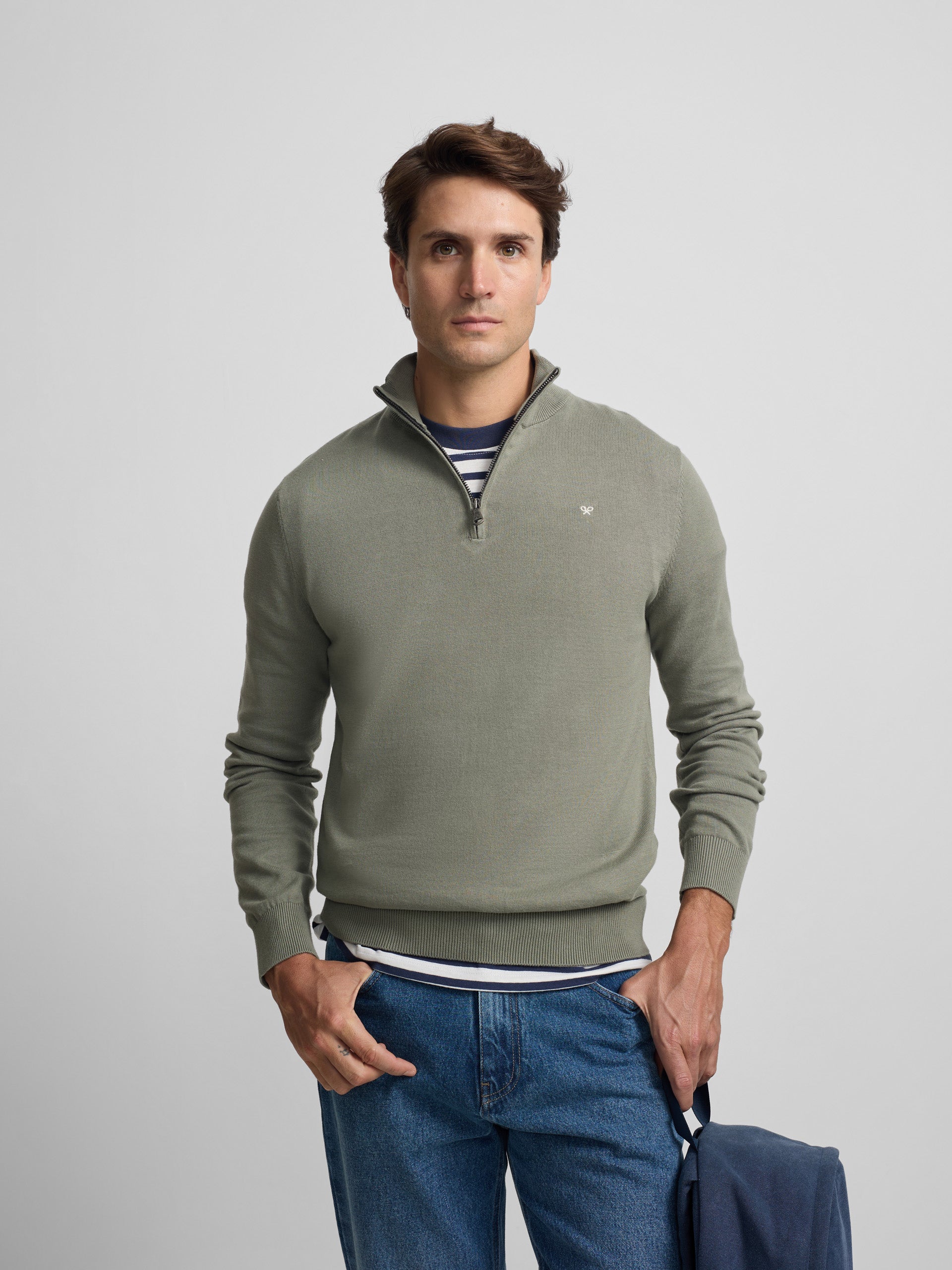 Jersey liso media cremallera verde gris