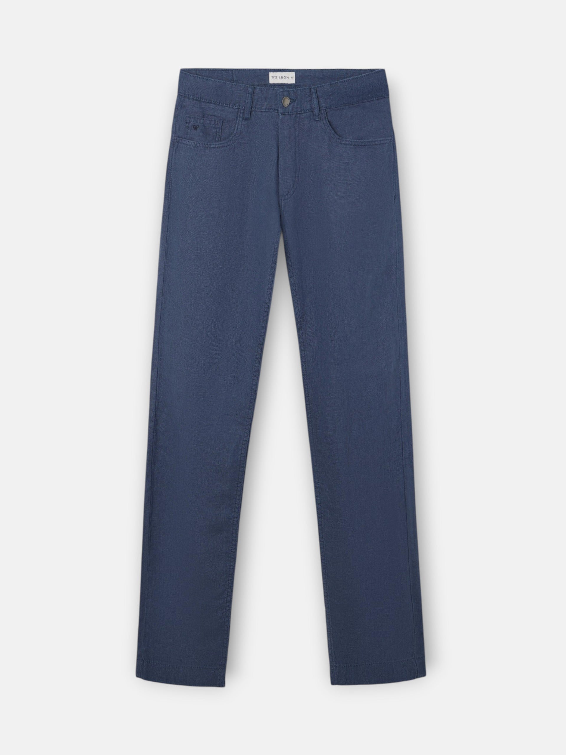 Indigo blue linen five-pocket sport trousers