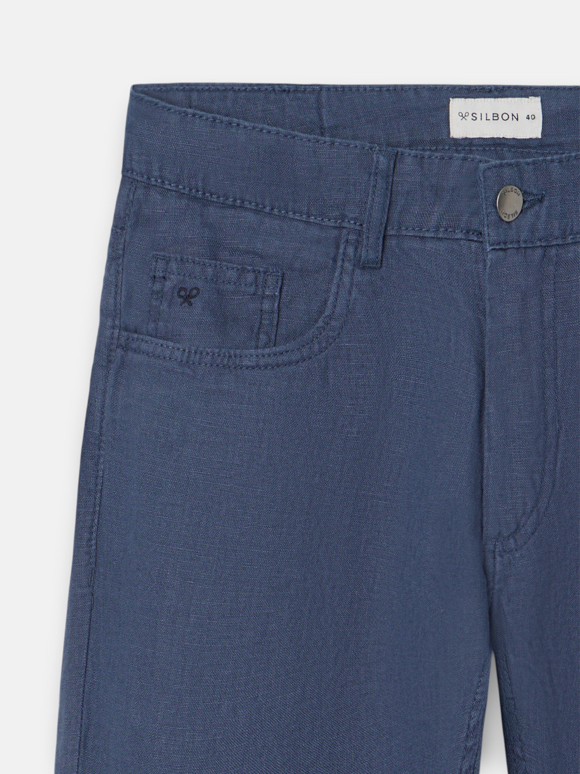 Indigo blue linen five-pocket sport trousers