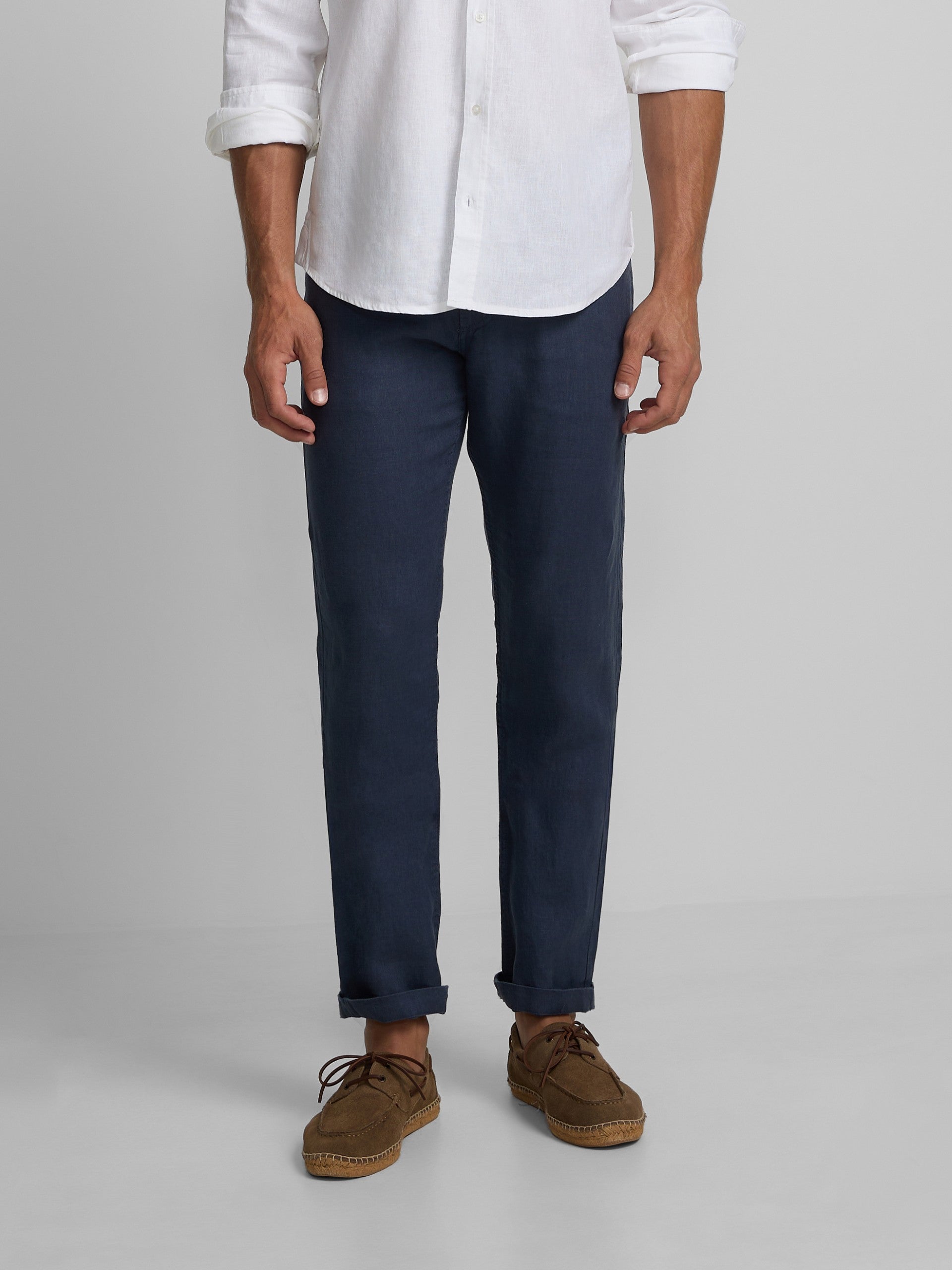 Indigo blue linen five-pocket sport trousers