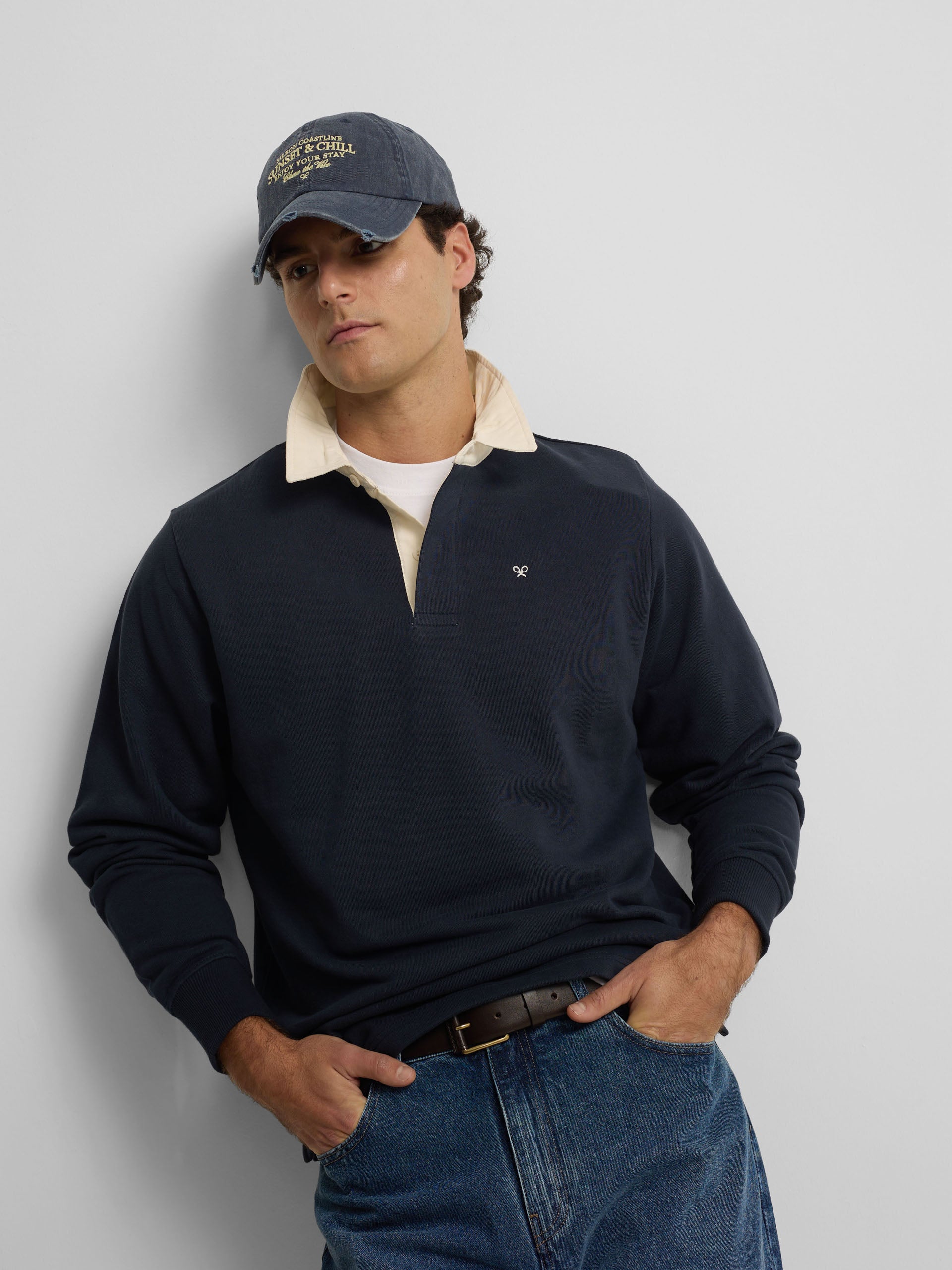 Sudadera cuello polo basica azul marino