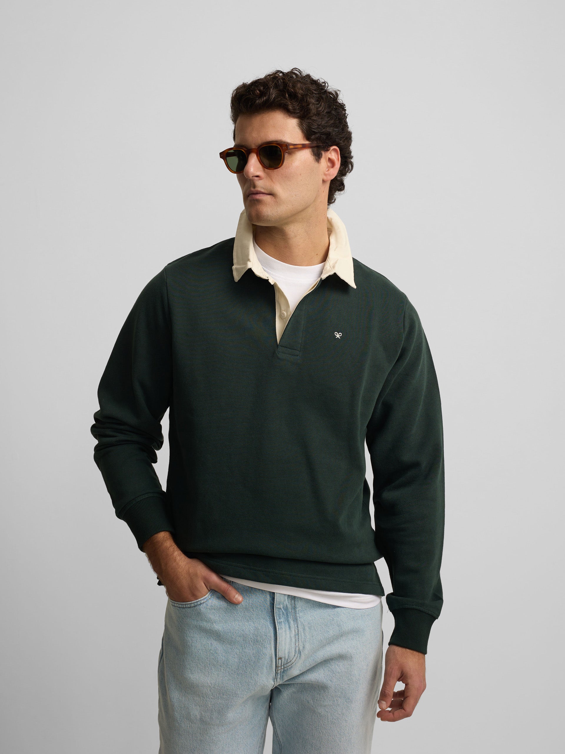 Sudadera cuello polo basica verde oscuro