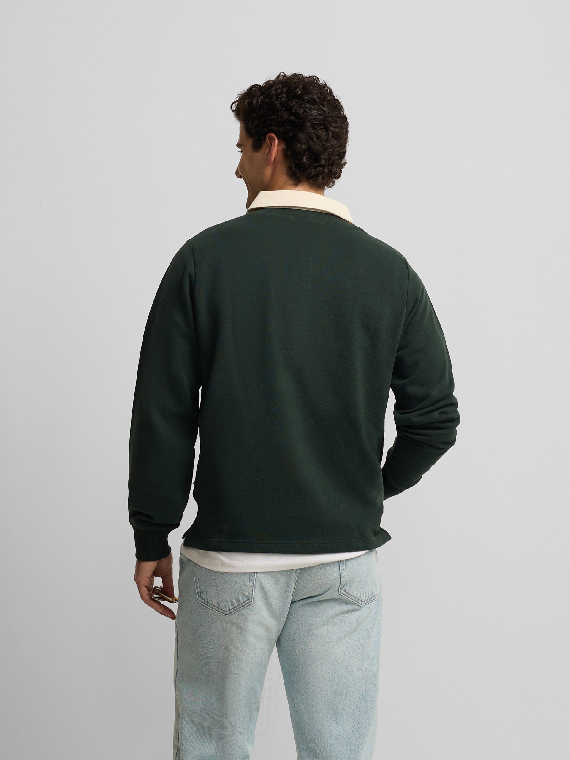 Sudadera cuello polo basica verde oscuro