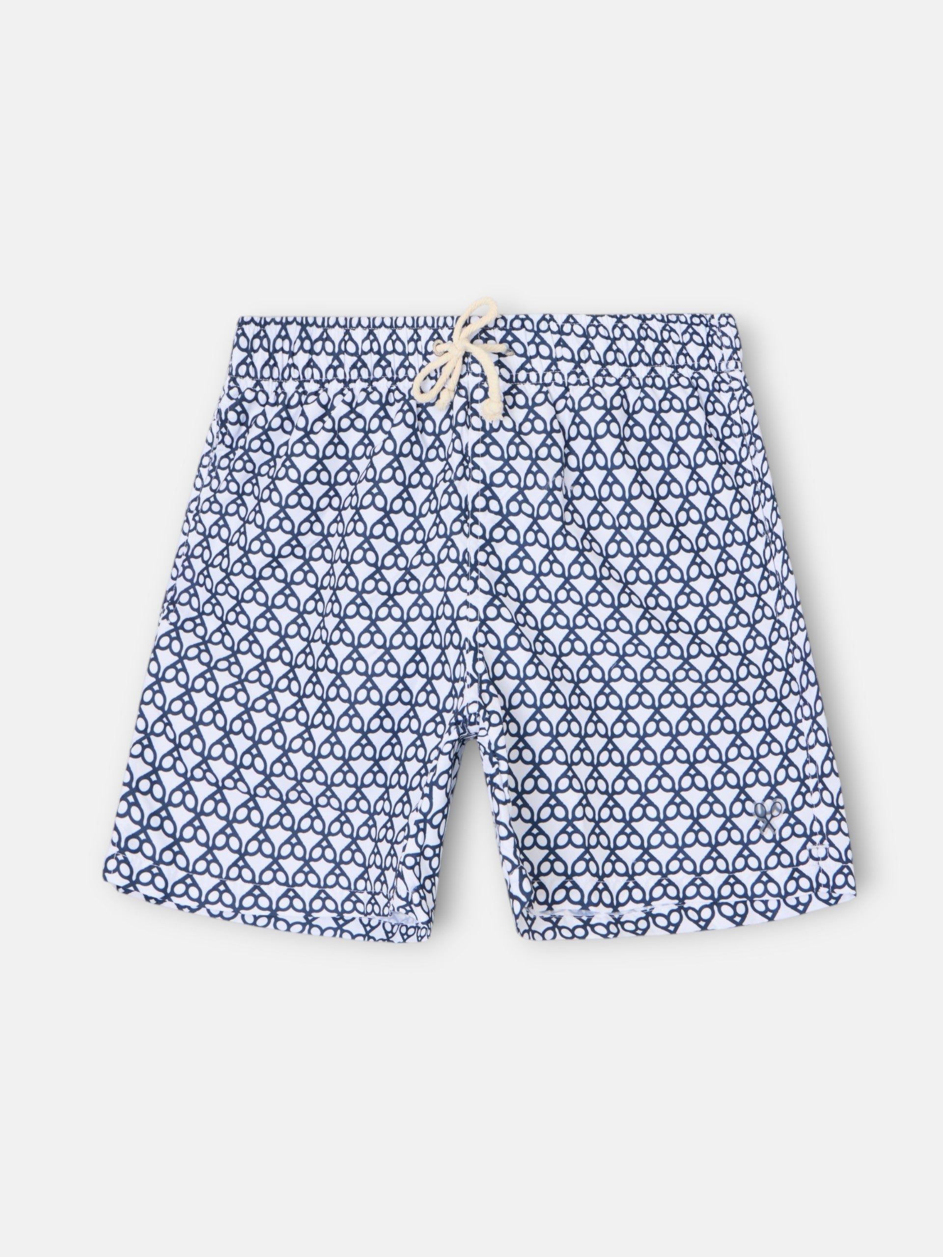 Geometric Navy Blue Racket Swim Shorts
