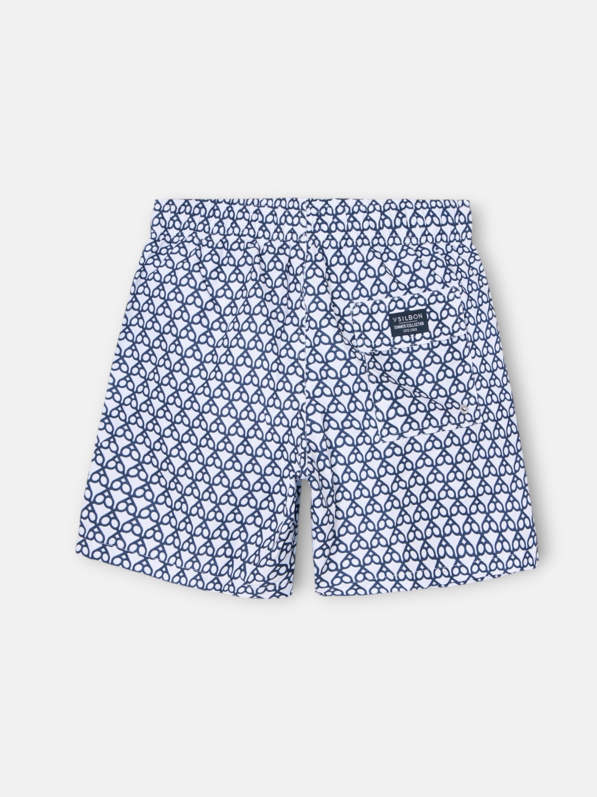 Geometric Navy Blue Racket Swim Shorts