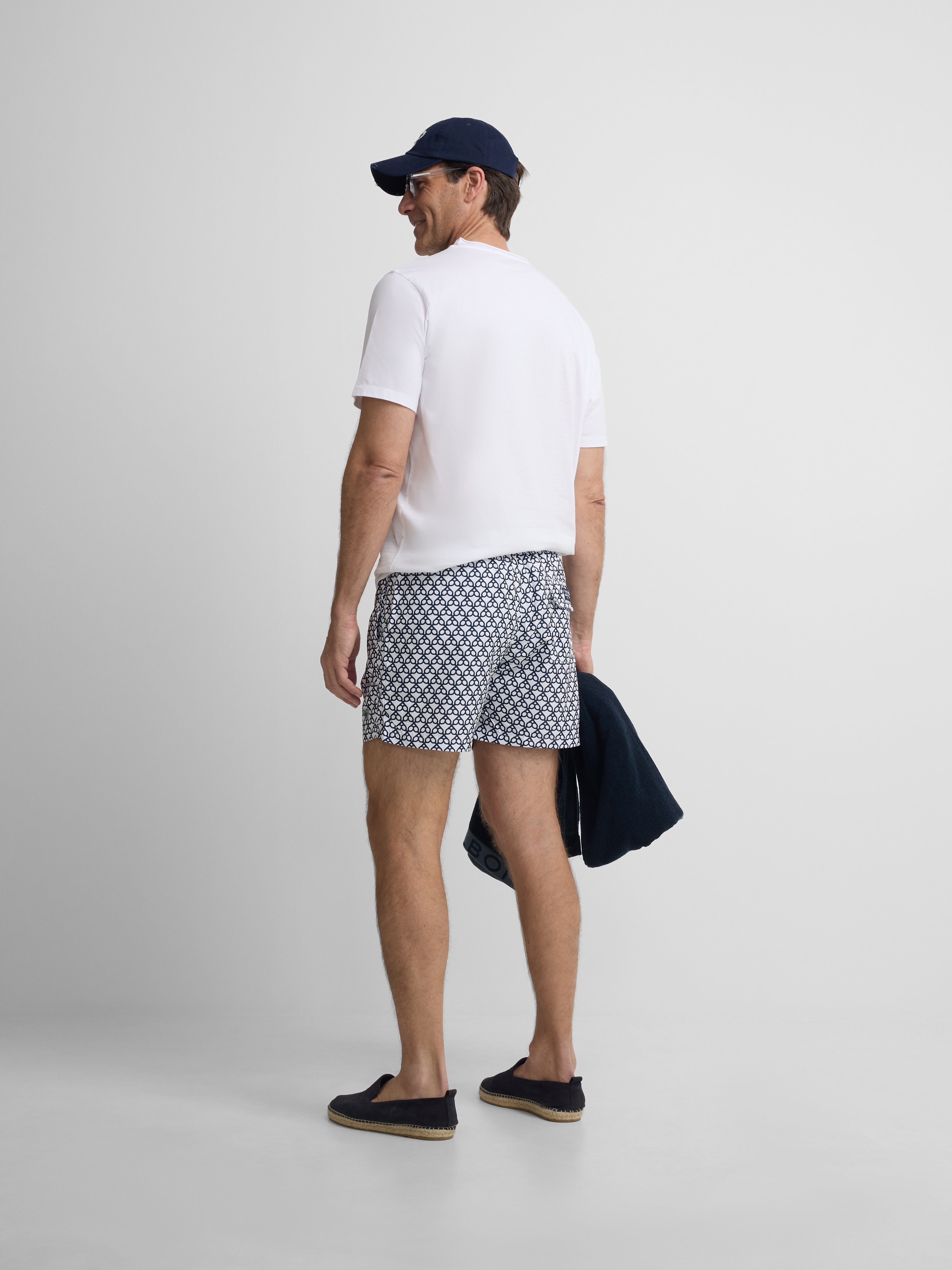 Geometric Navy Blue Racket Swim Shorts
