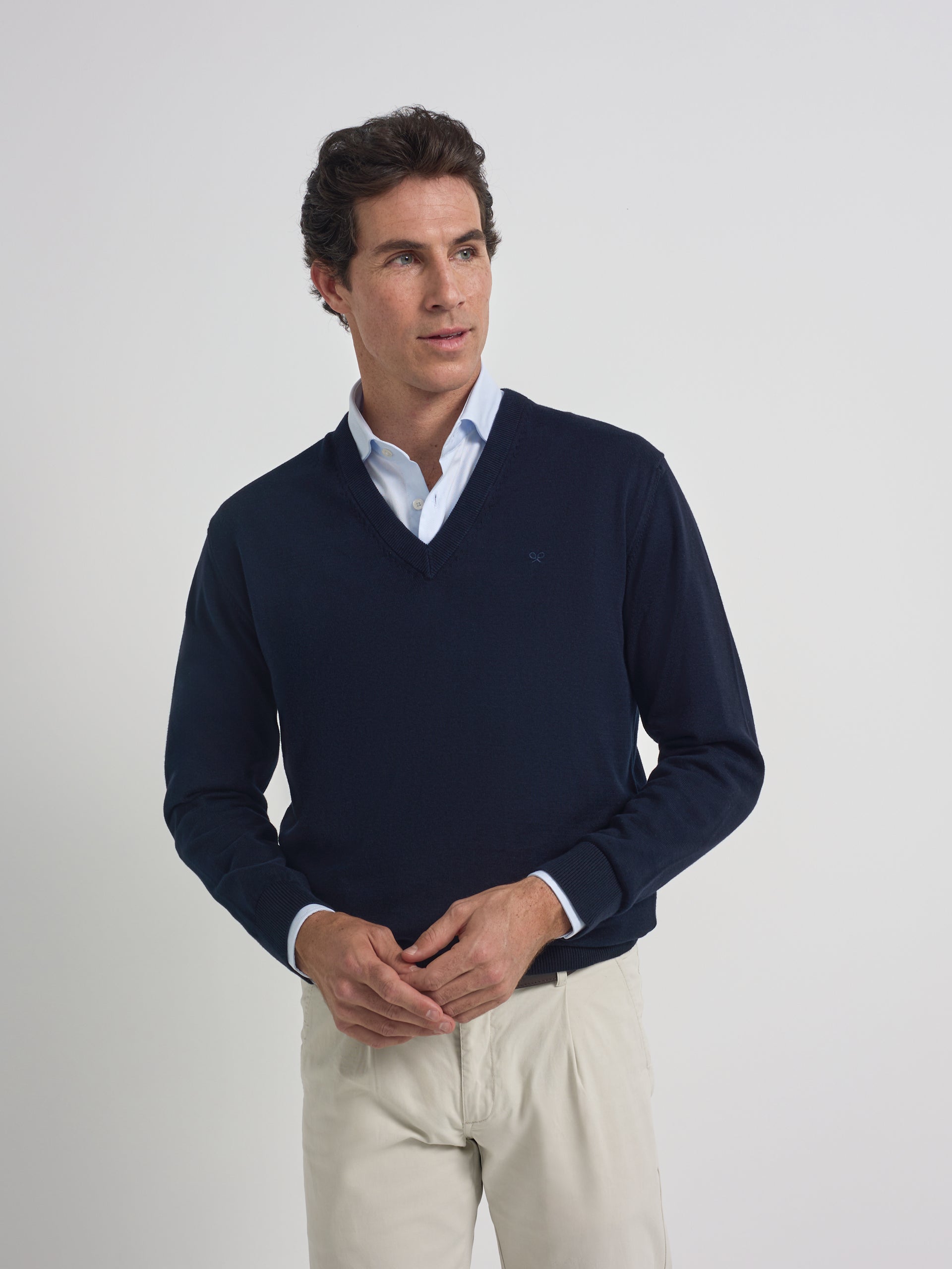 Camisola decote em V business azul-marinho