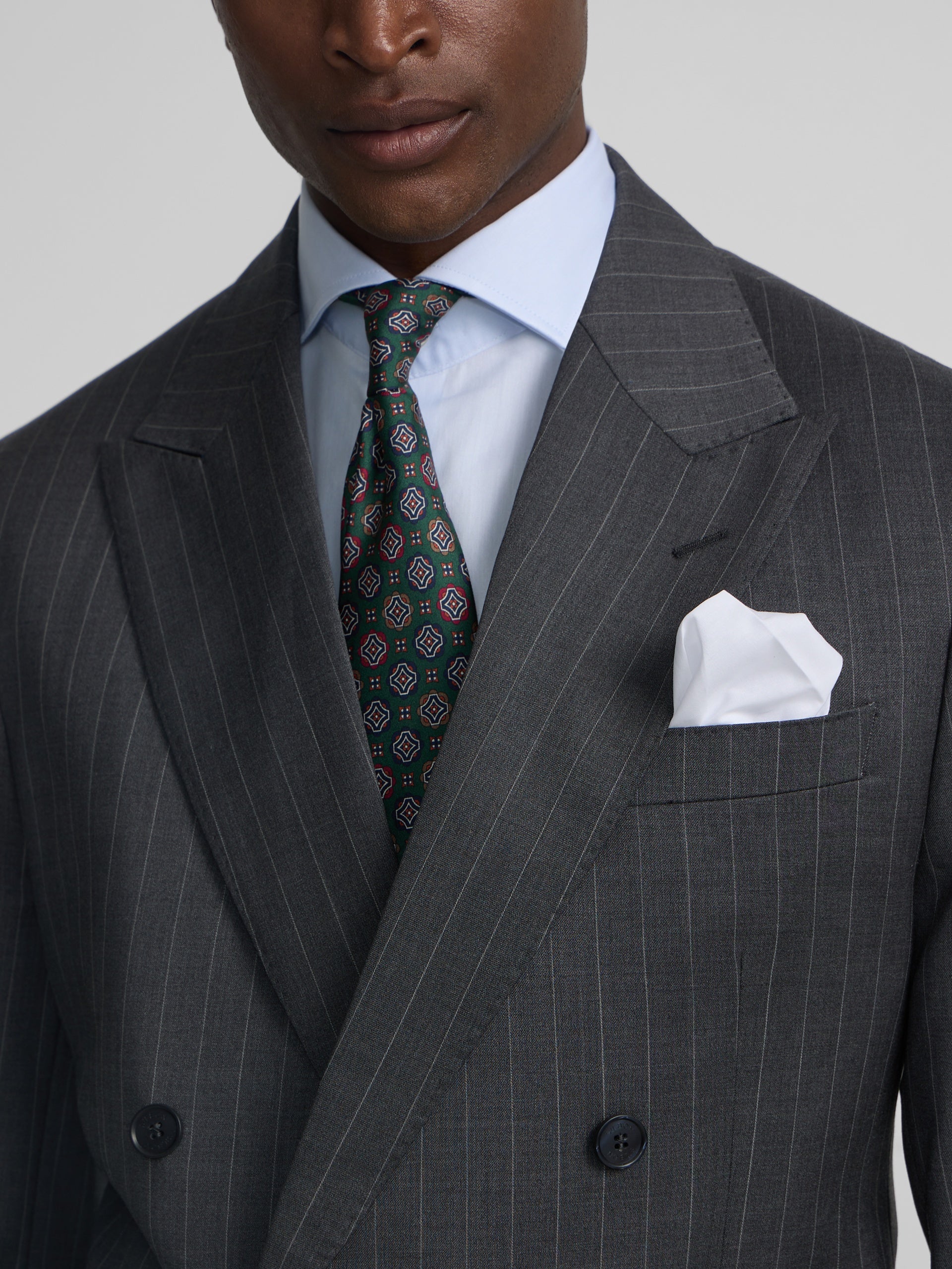 Grey pinstripe double-breasted suit jacket