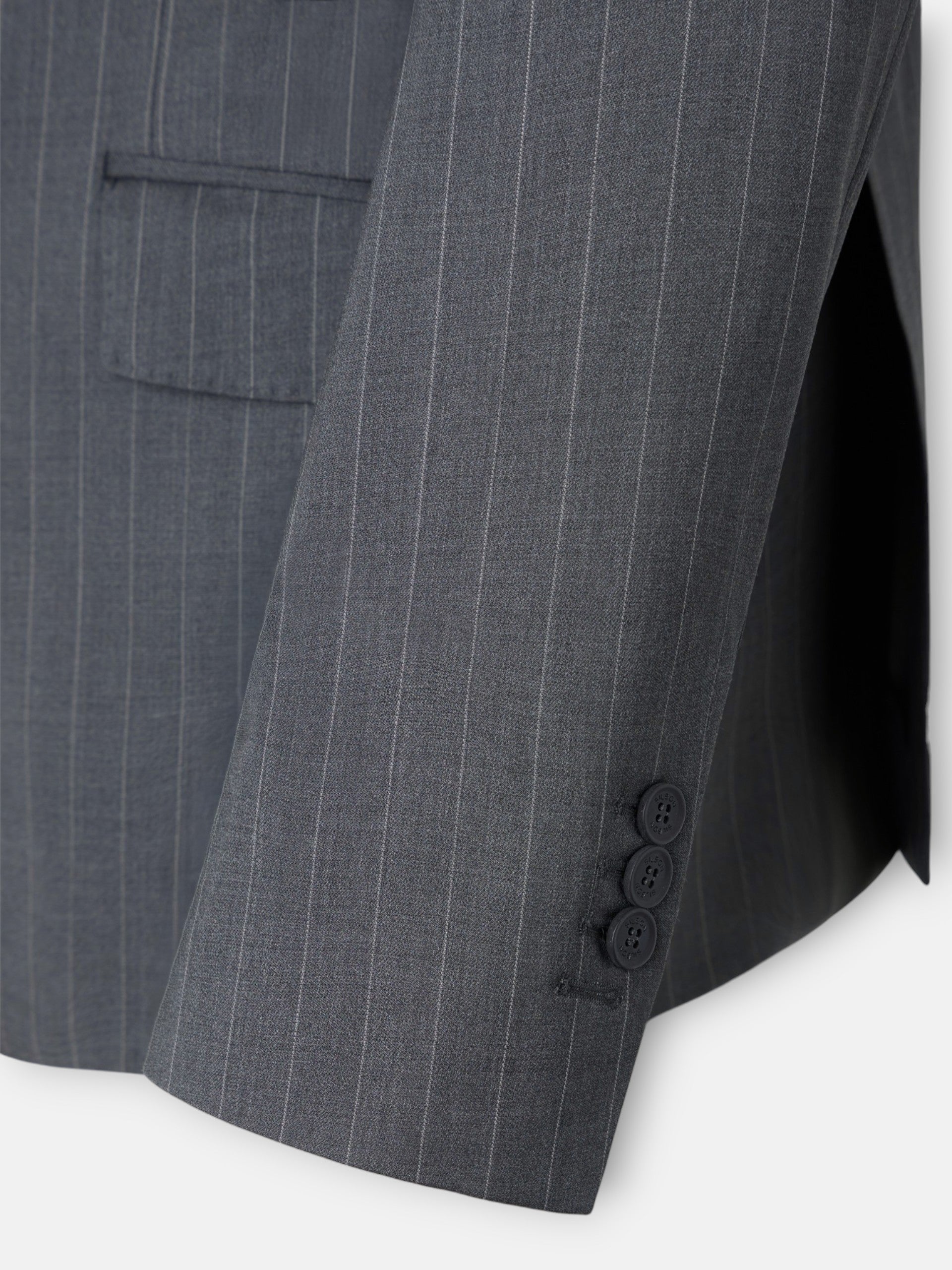 Grey pinstripe double-breasted suit jacket