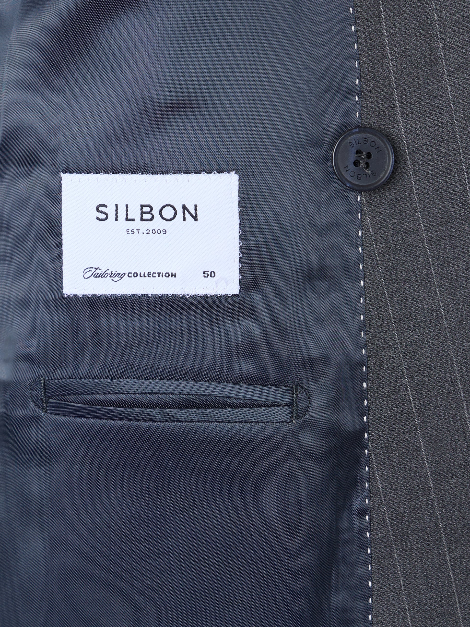 Grey pinstripe double-breasted suit jacket