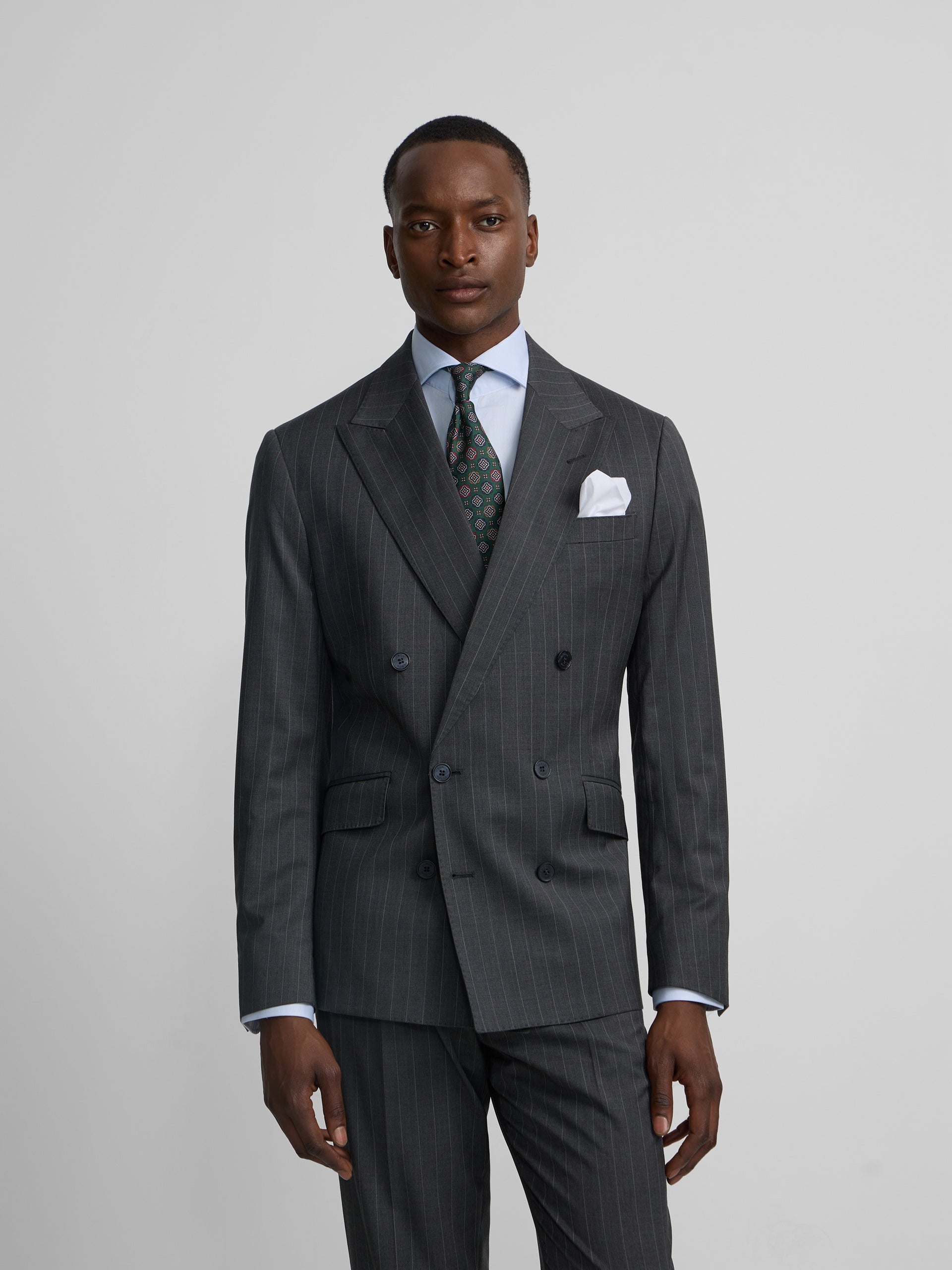 Grey pinstripe double-breasted suit jacket