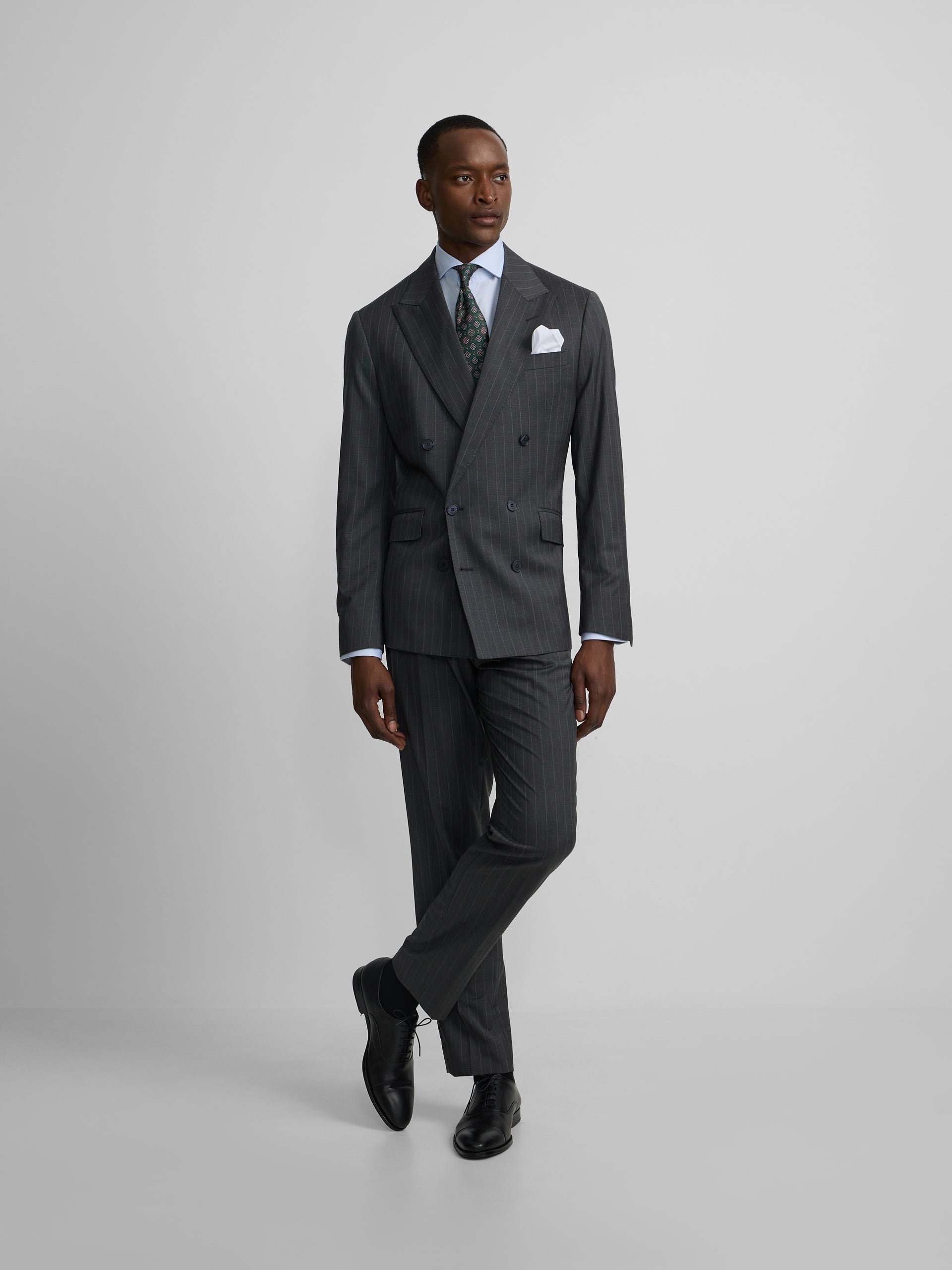 Grey pinstripe double-breasted suit jacket
