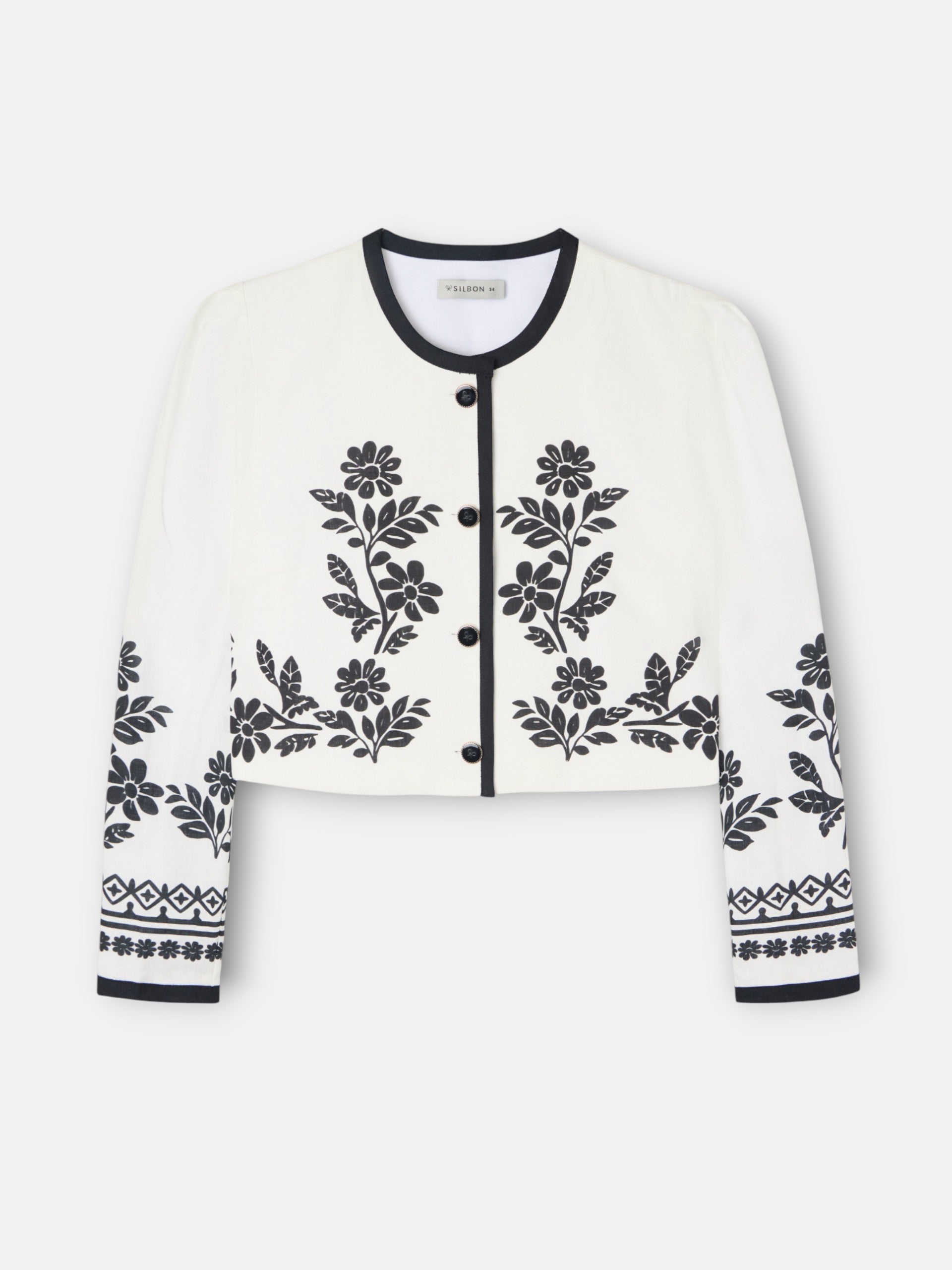Short white printed linen jacket