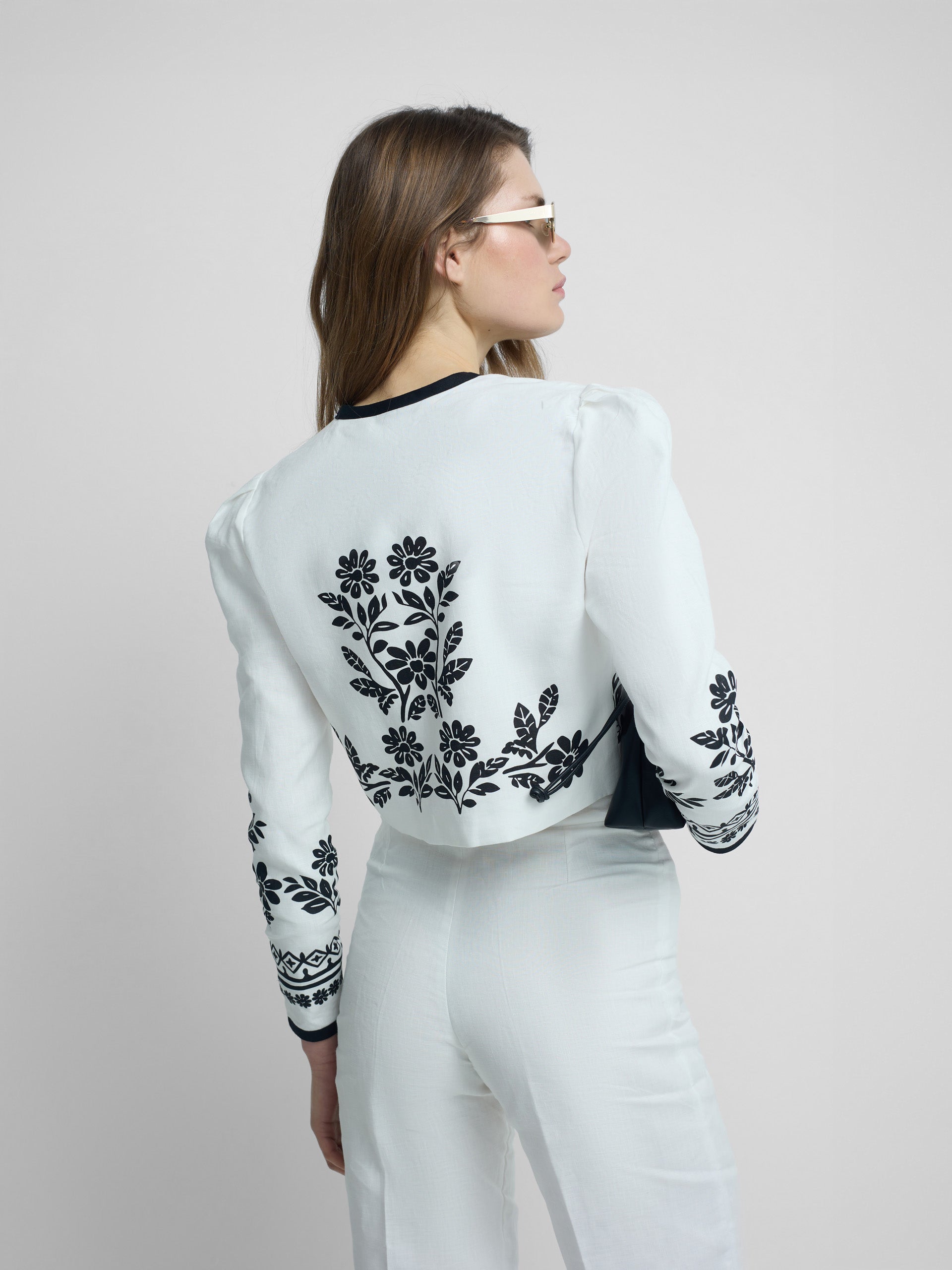 Short white printed linen jacket