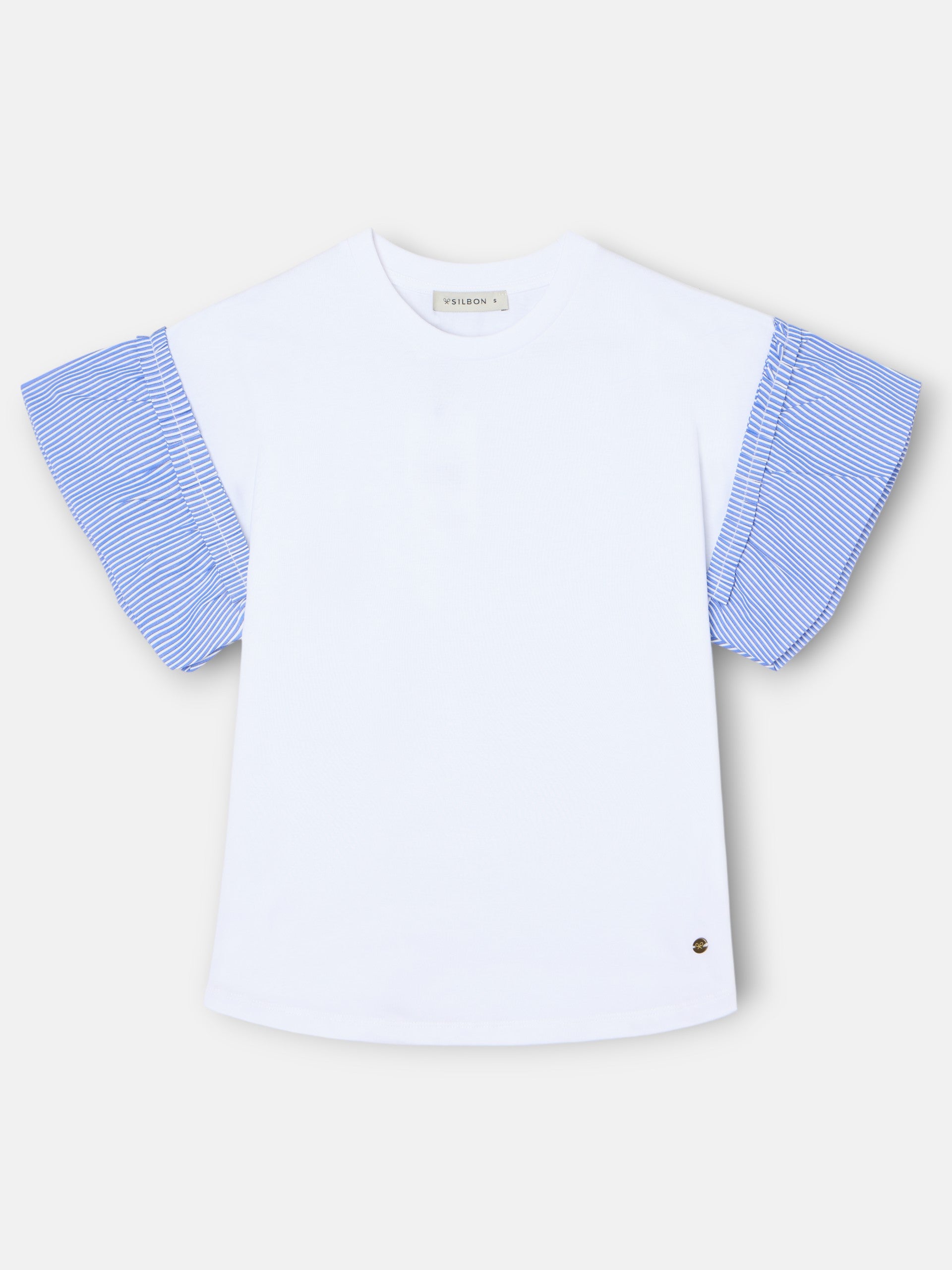 Camiseta woman volantes popelin rayas blanca