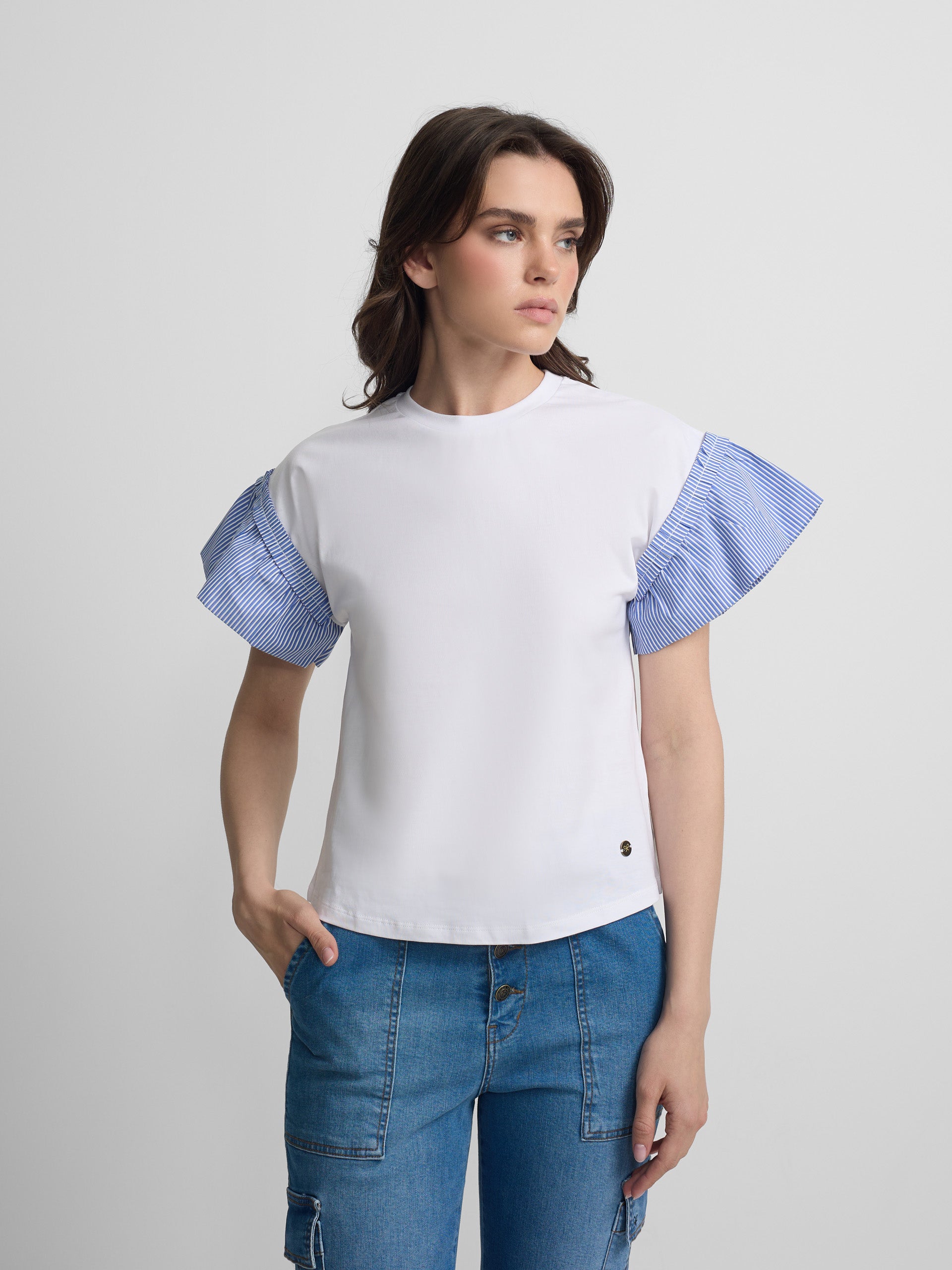 Camiseta woman volantes popelin rayas blanca
