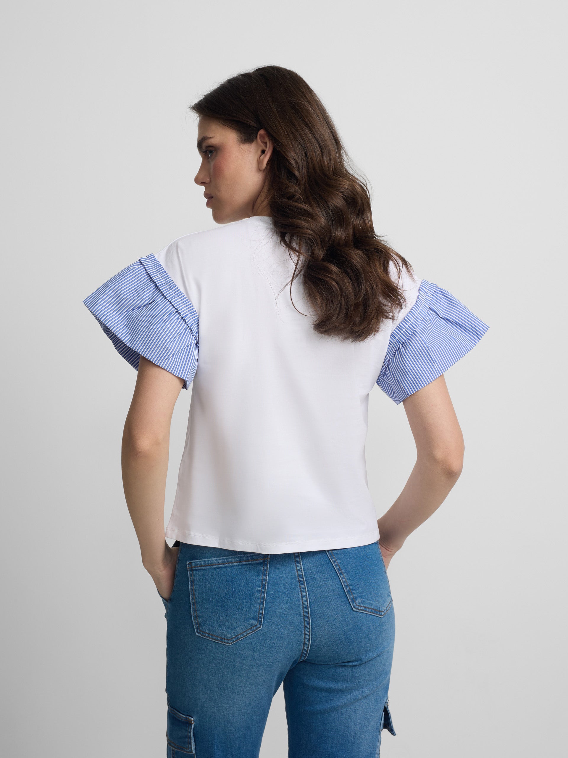 Camiseta woman volantes popelin rayas blanca