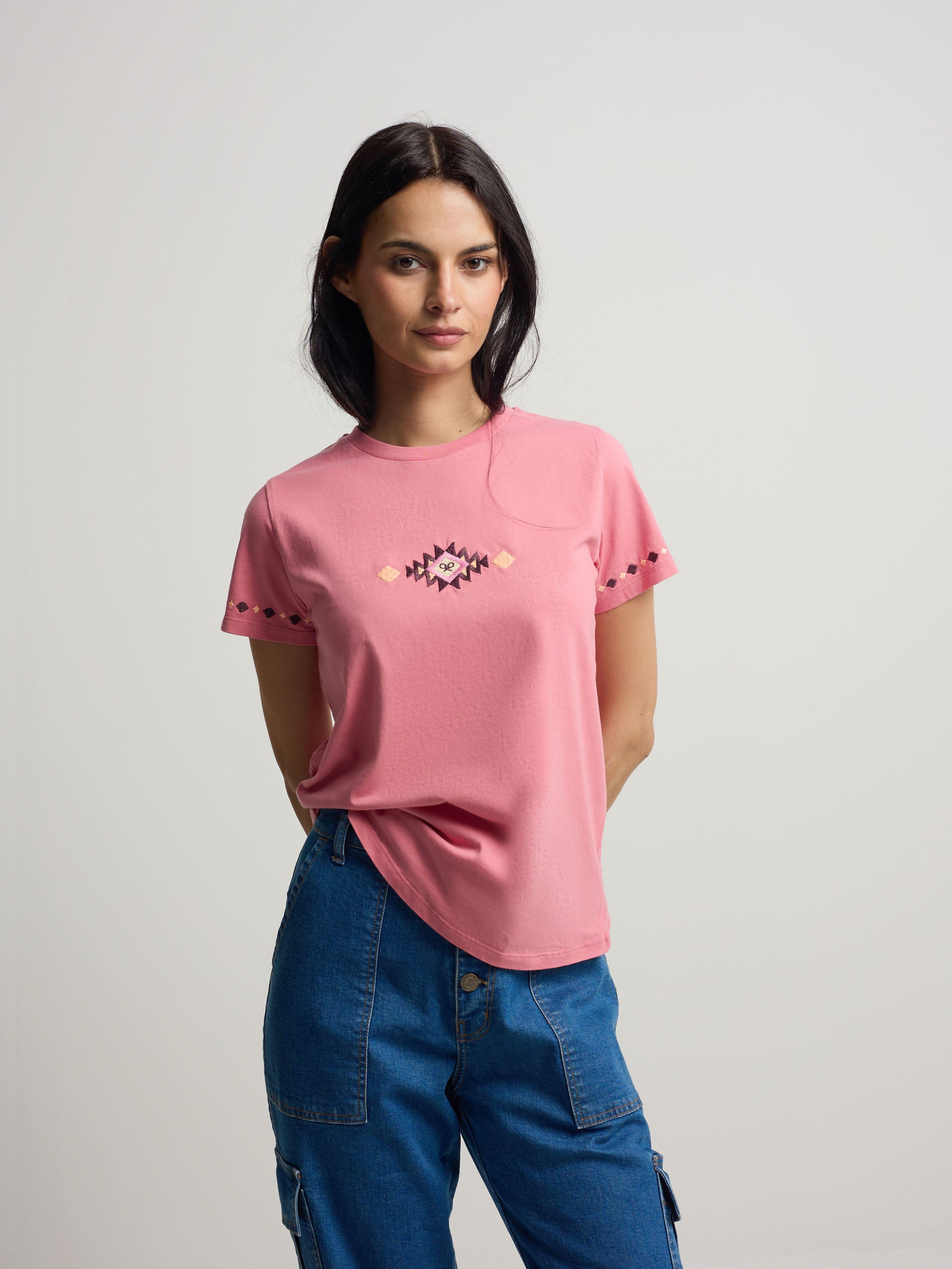 Camiseta woman bordados ikat rosa