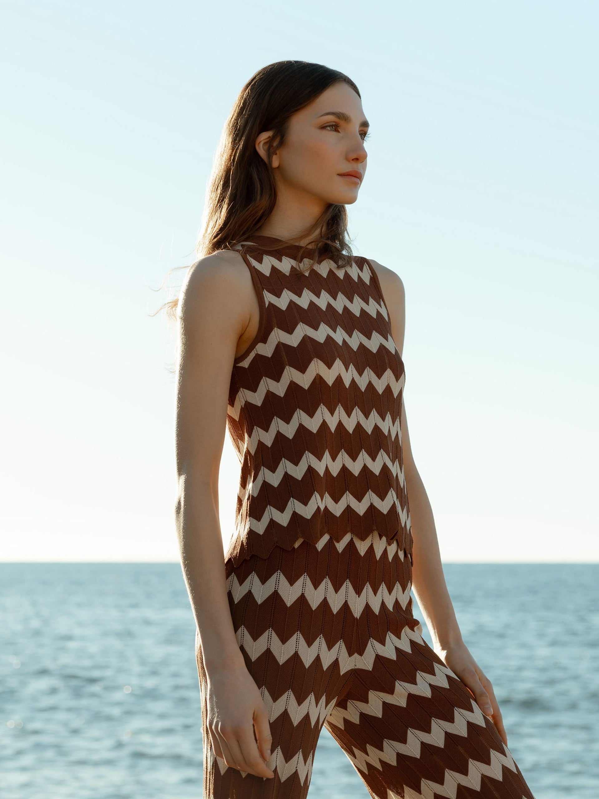 Brown herringbone knit top