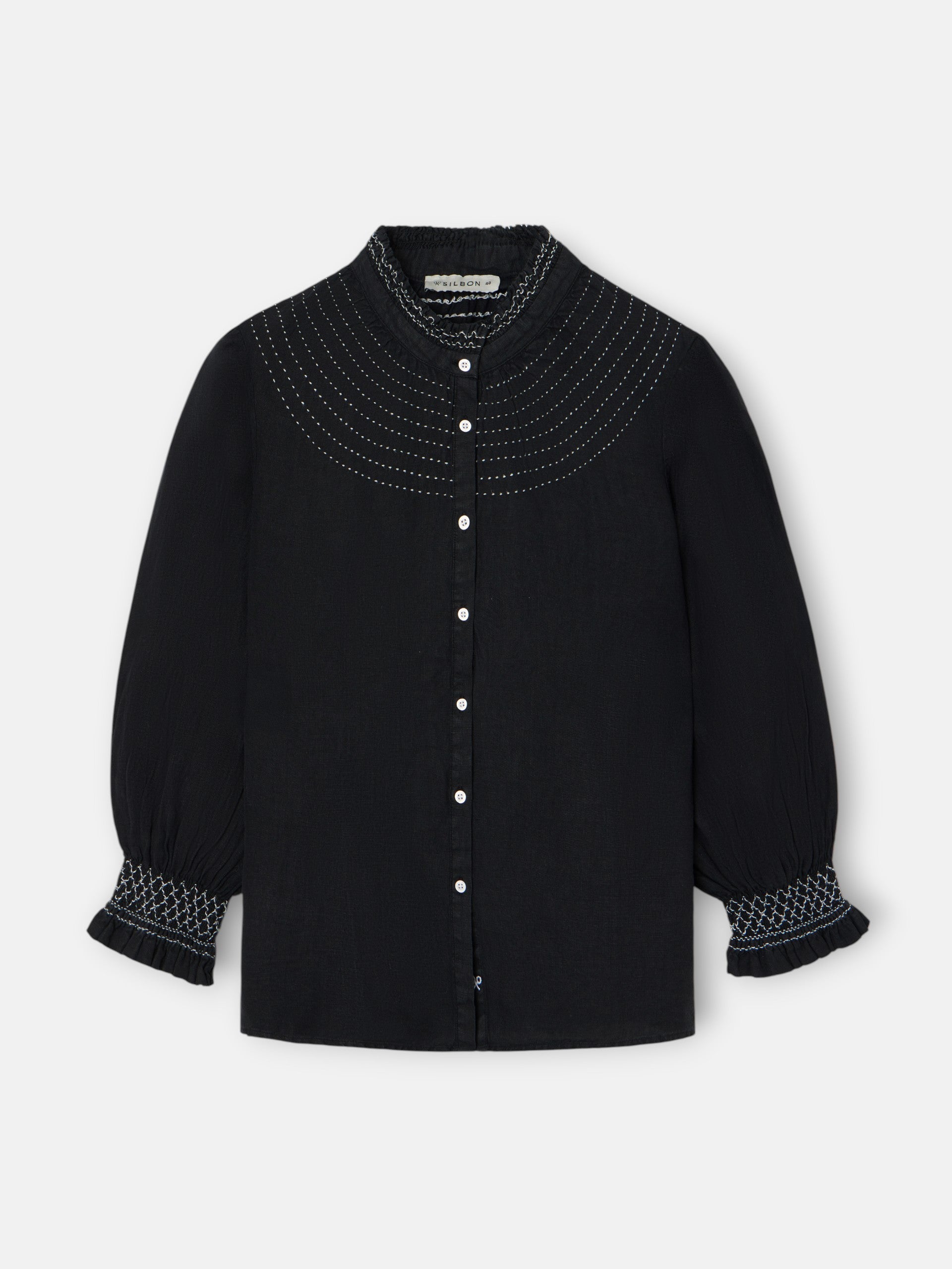 Camisa fruncida manga larga lino negra
