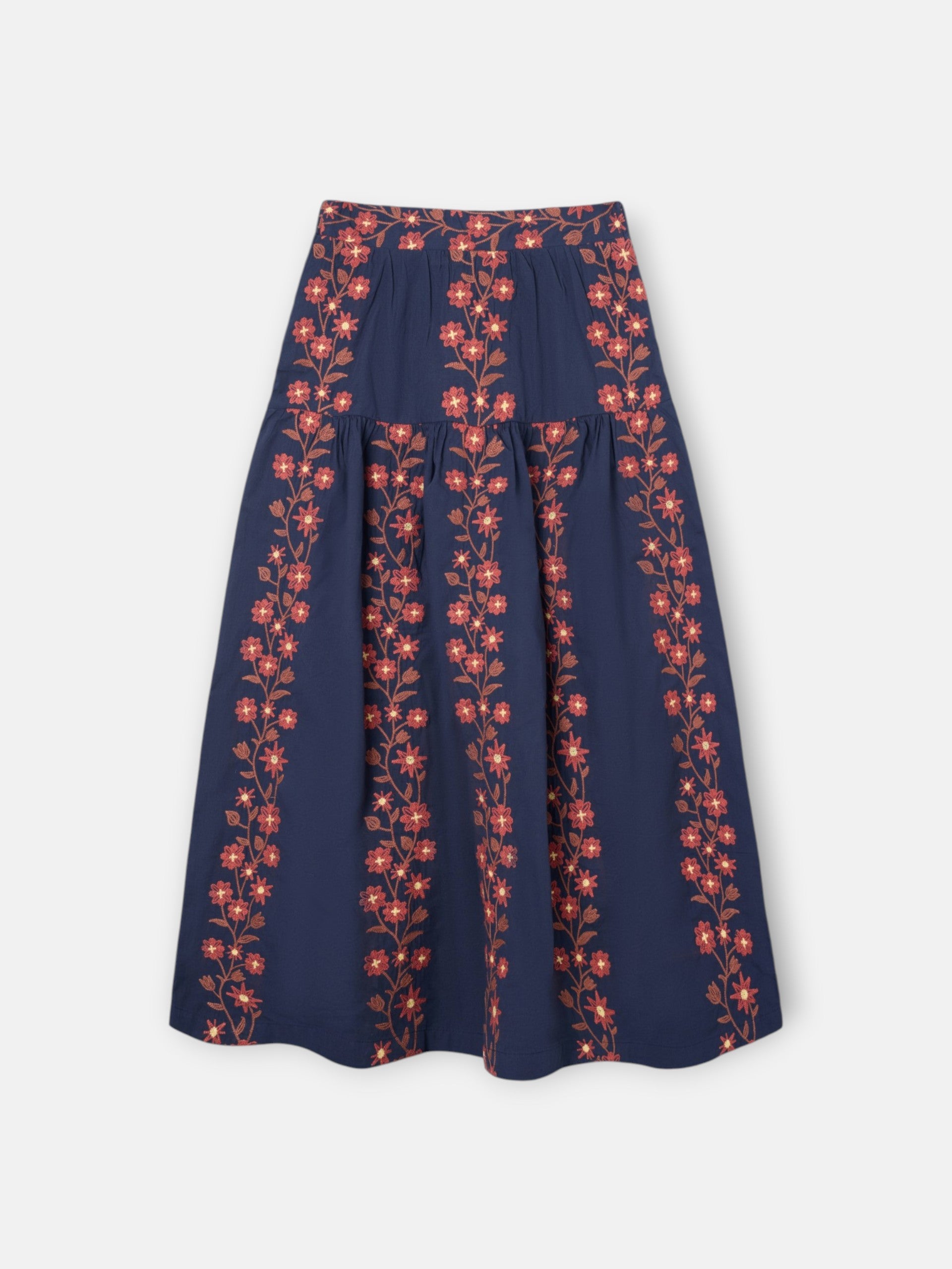 Falda larga flores bordadas azul