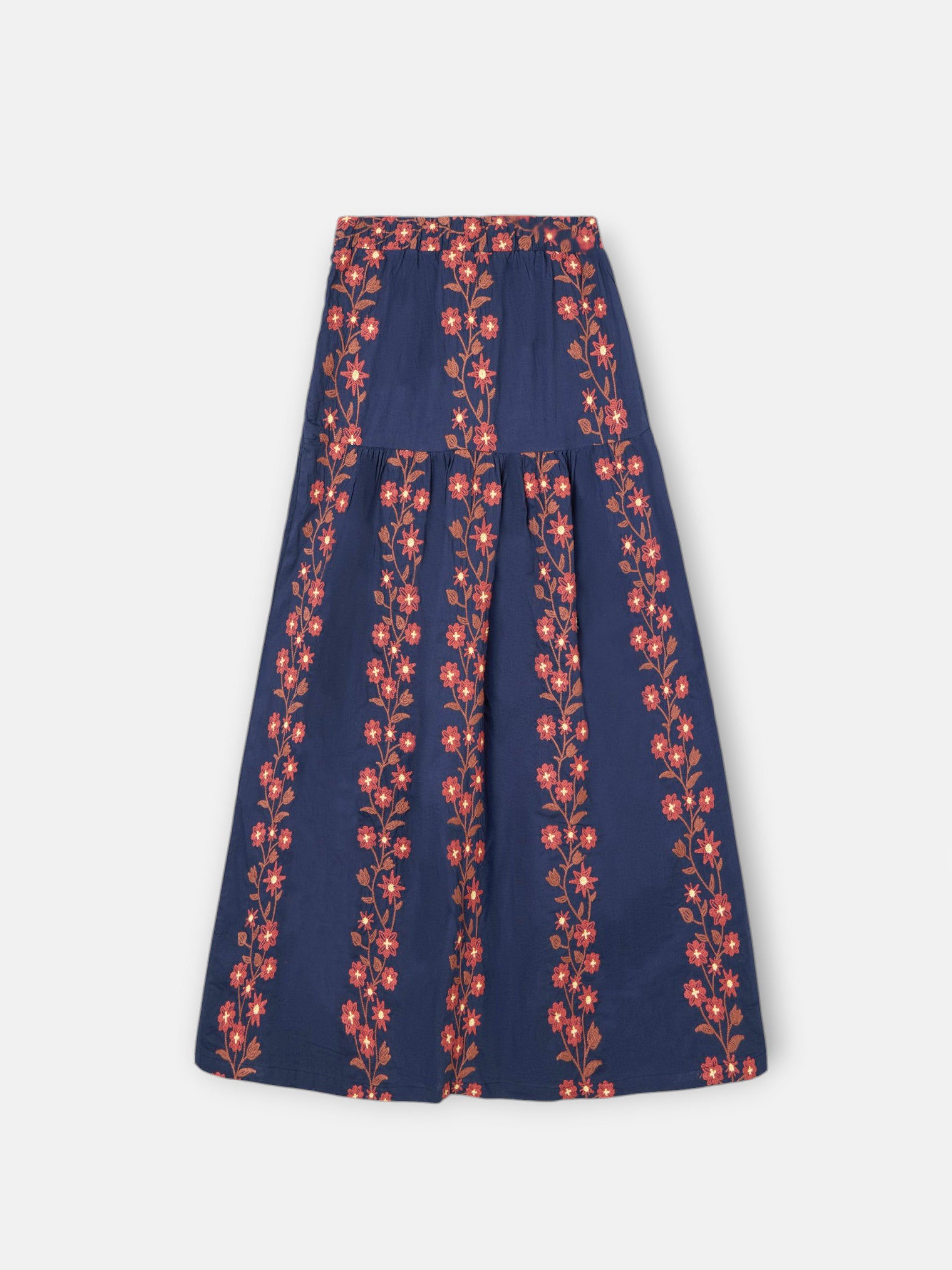 Falda larga flores bordadas azul