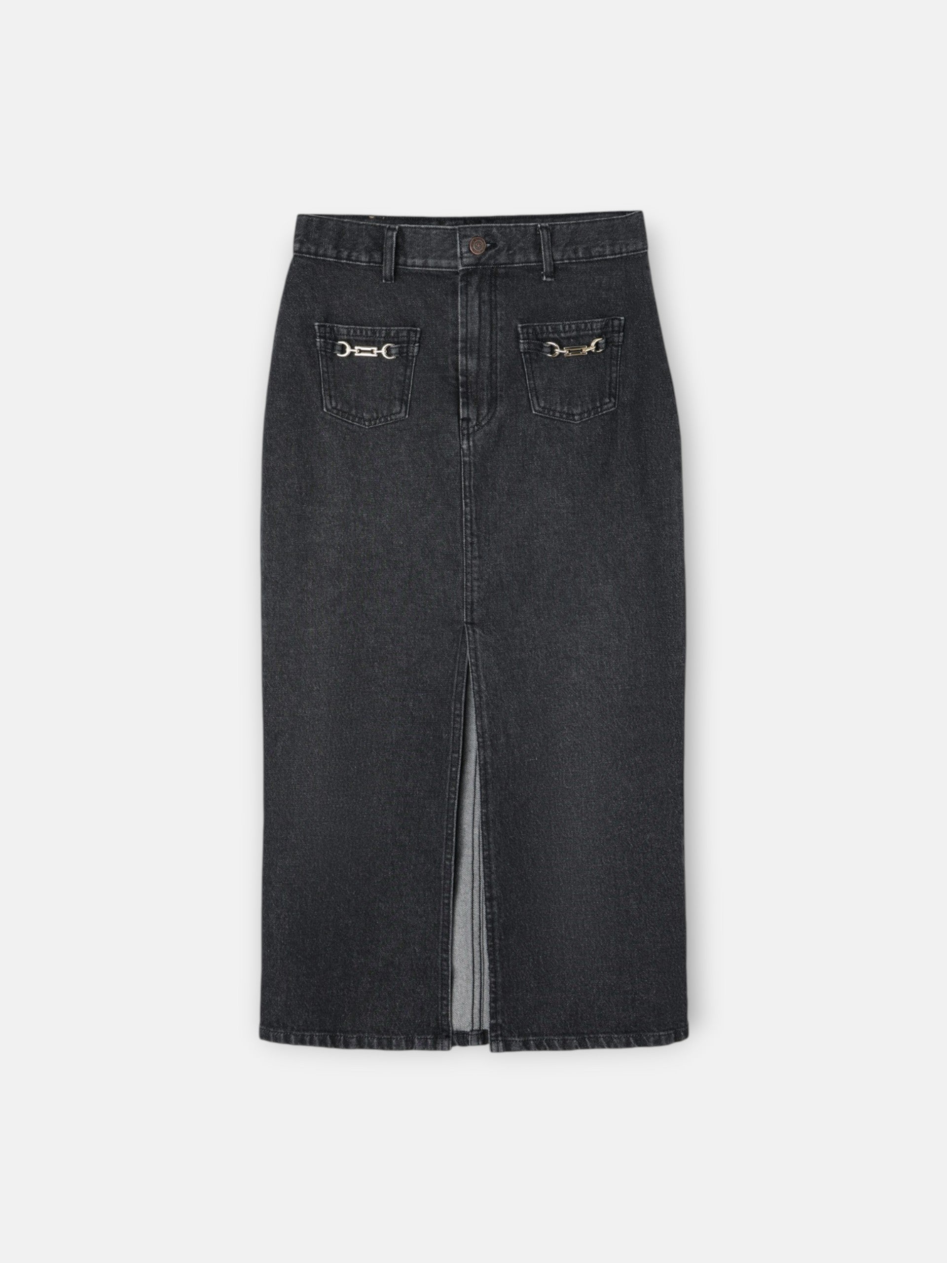 Jupe midi droite à boucle en denim gris