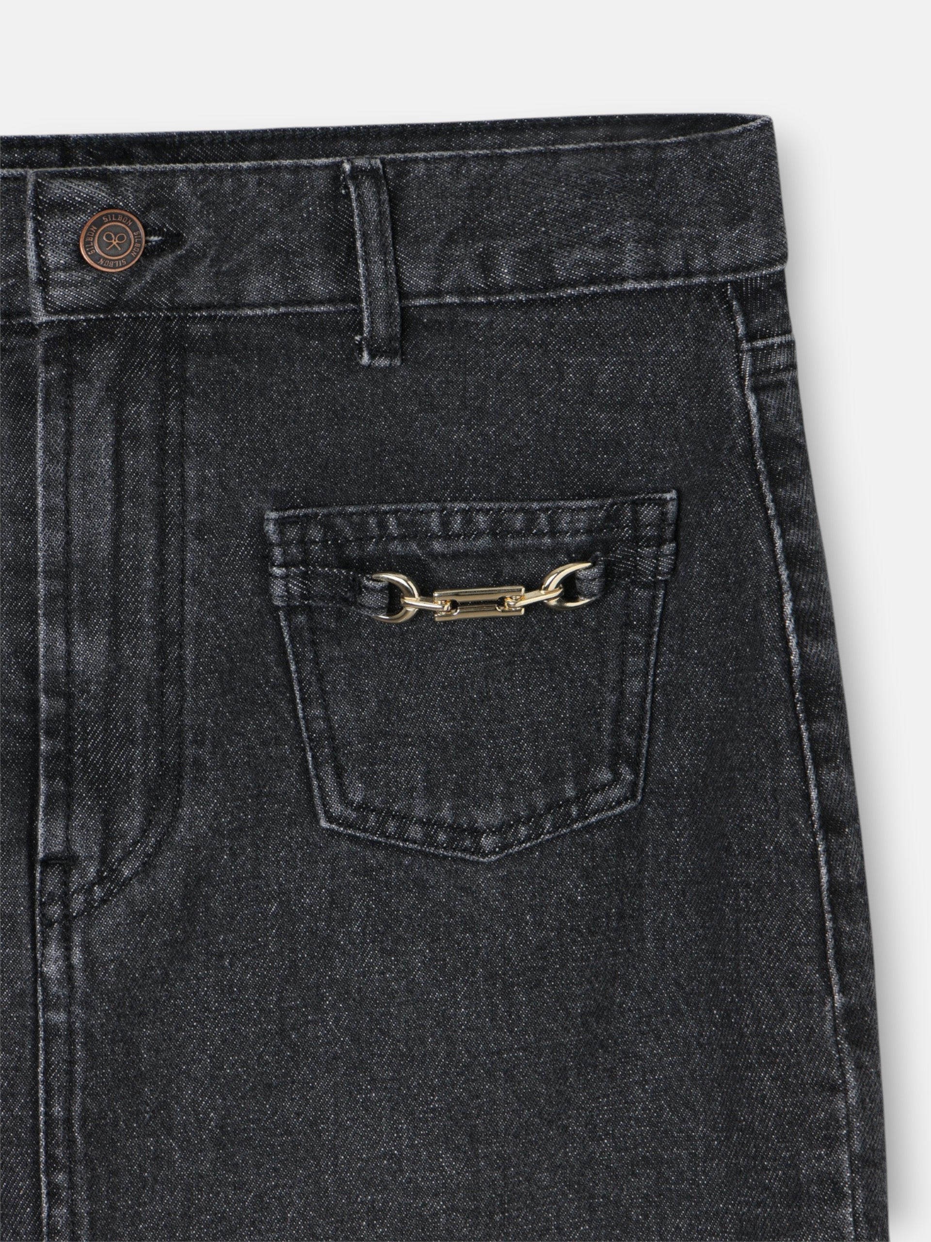 Jupe midi droite à boucle en denim gris
