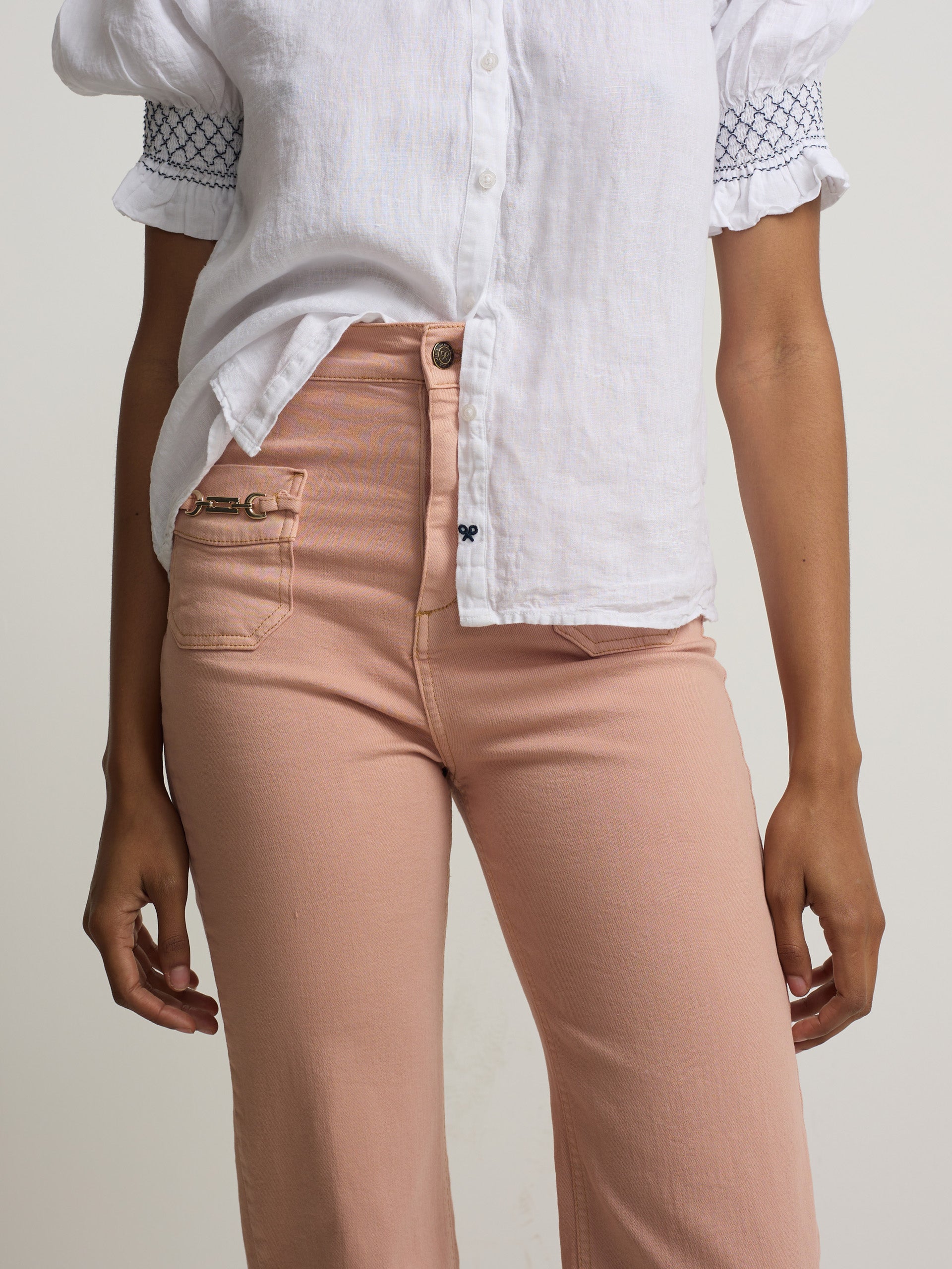 Pantalon denim hebillas coral