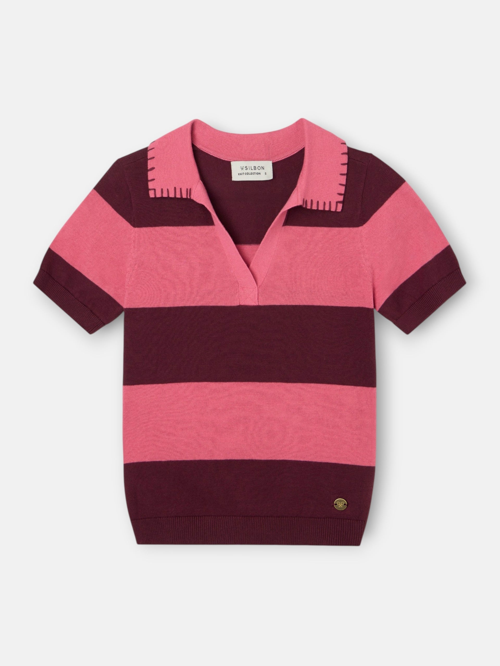 Short-sleeved knit polo with pink stripes