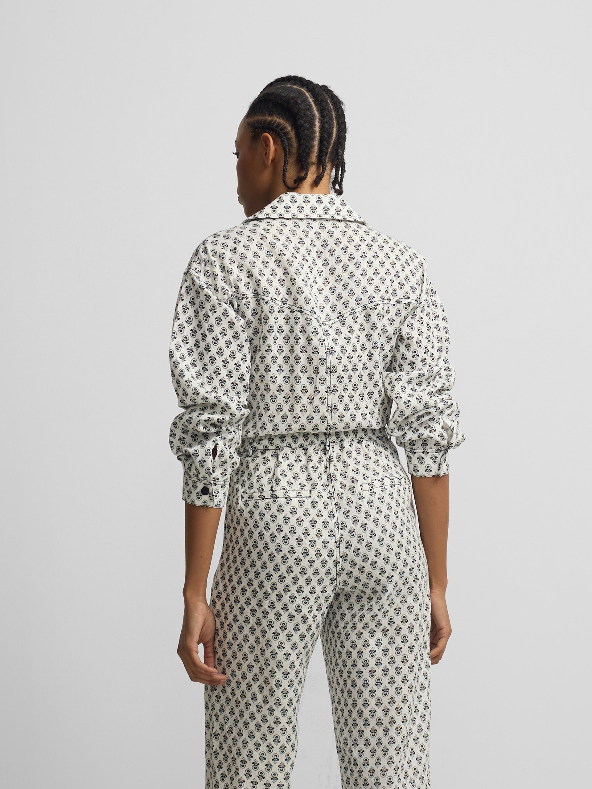 White printed linen jumpsuit
