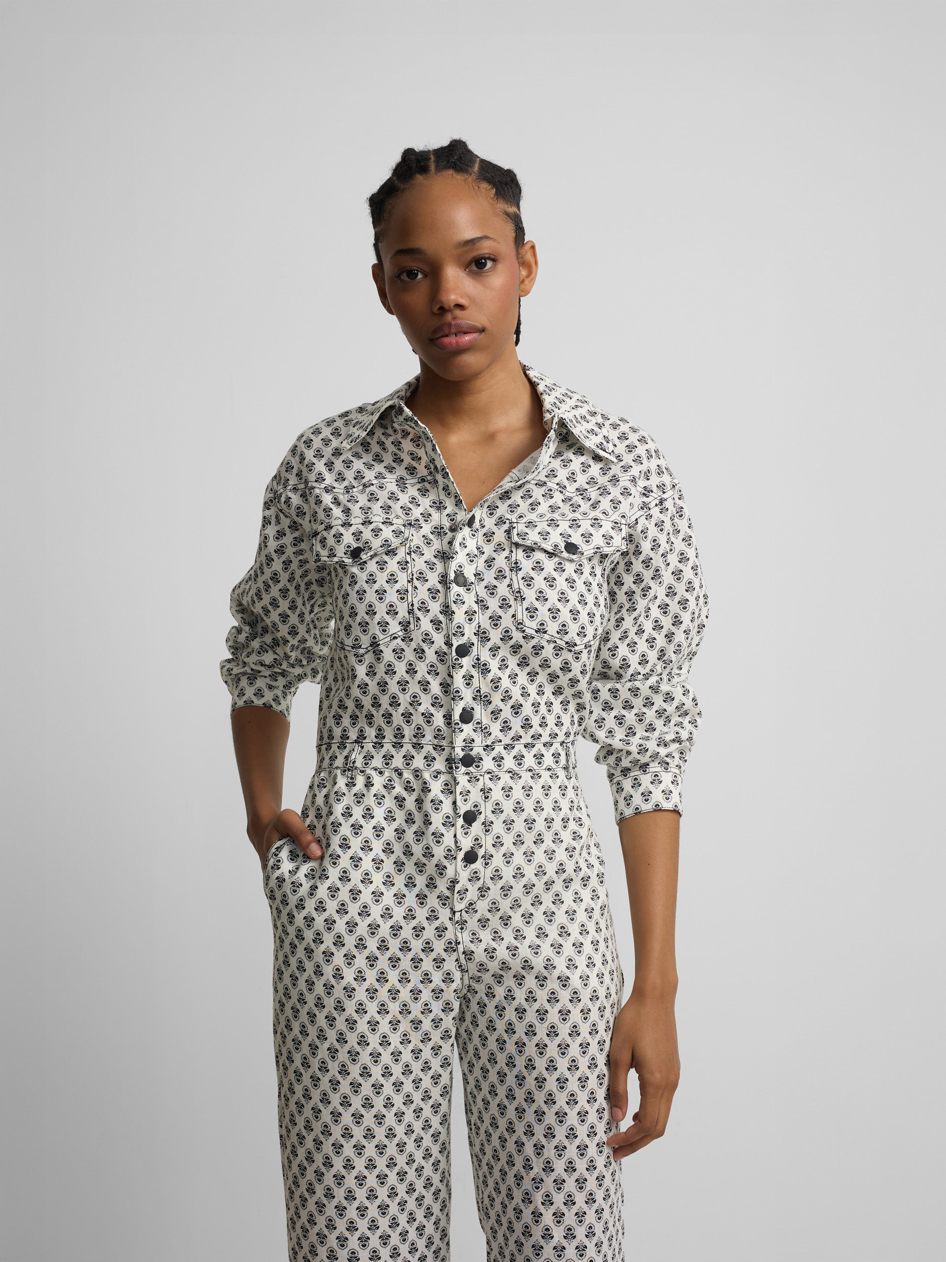 White printed linen jumpsuit