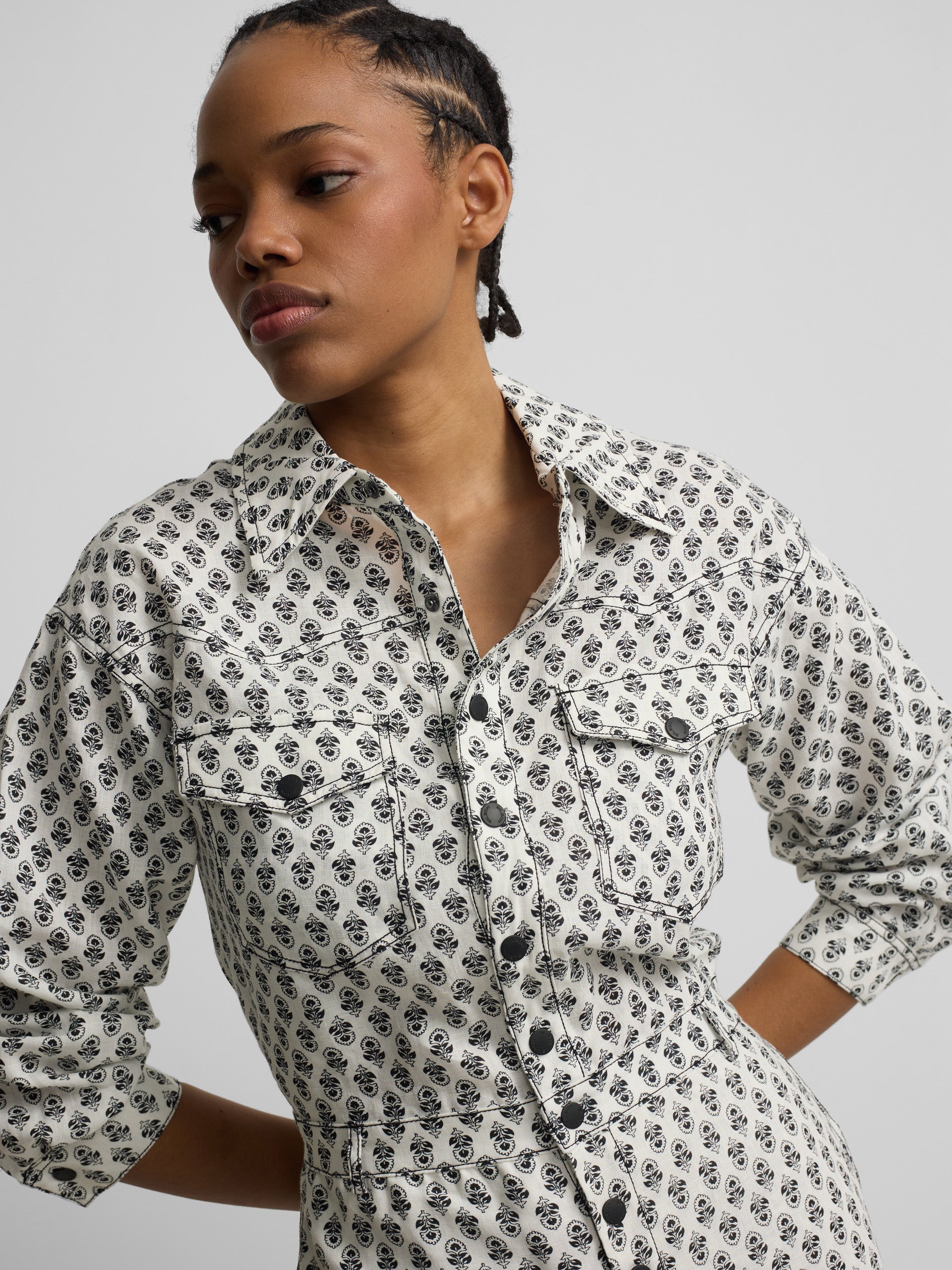 White printed linen jumpsuit