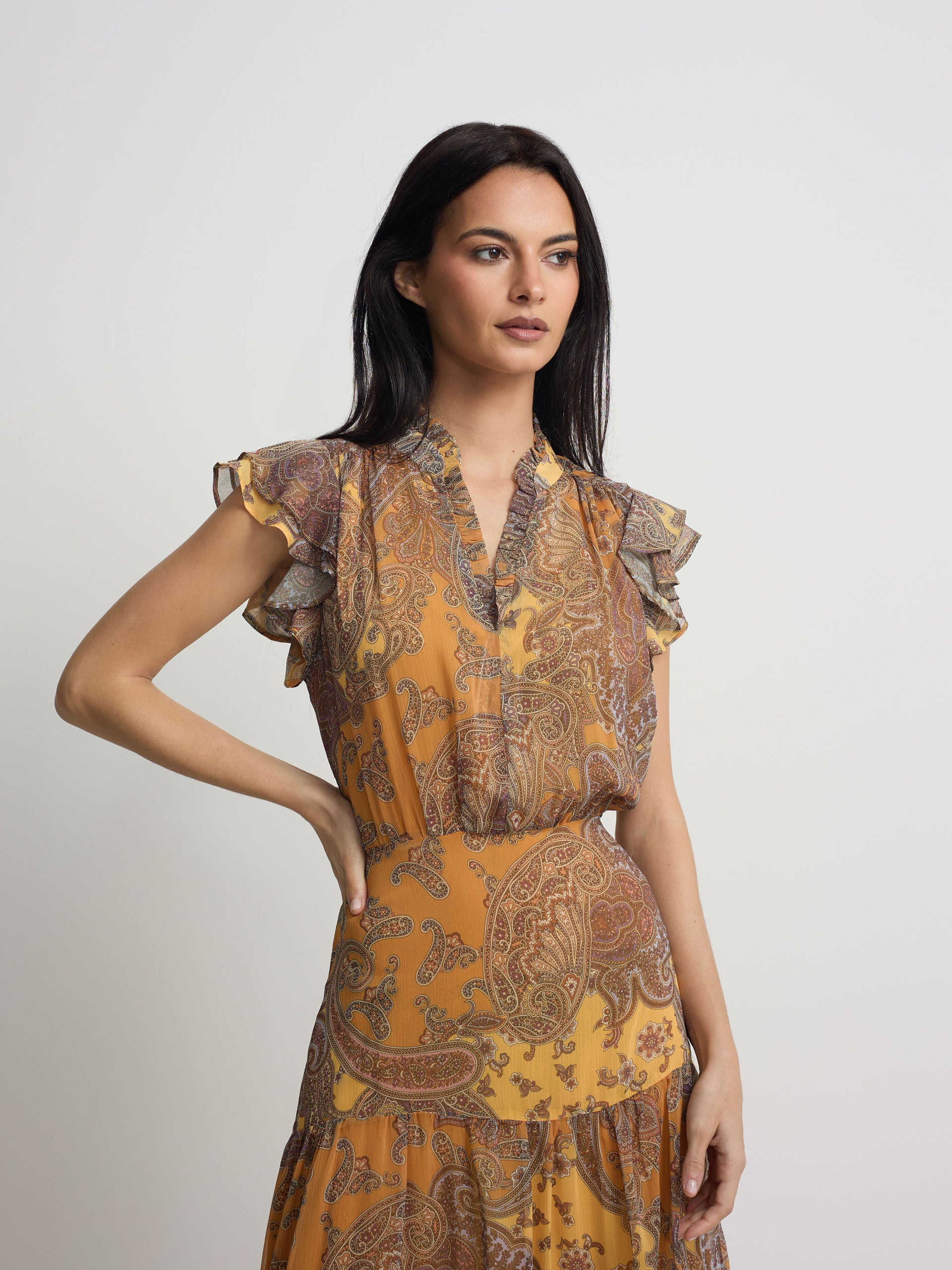 Vestido midi vuelo estampado naranjas