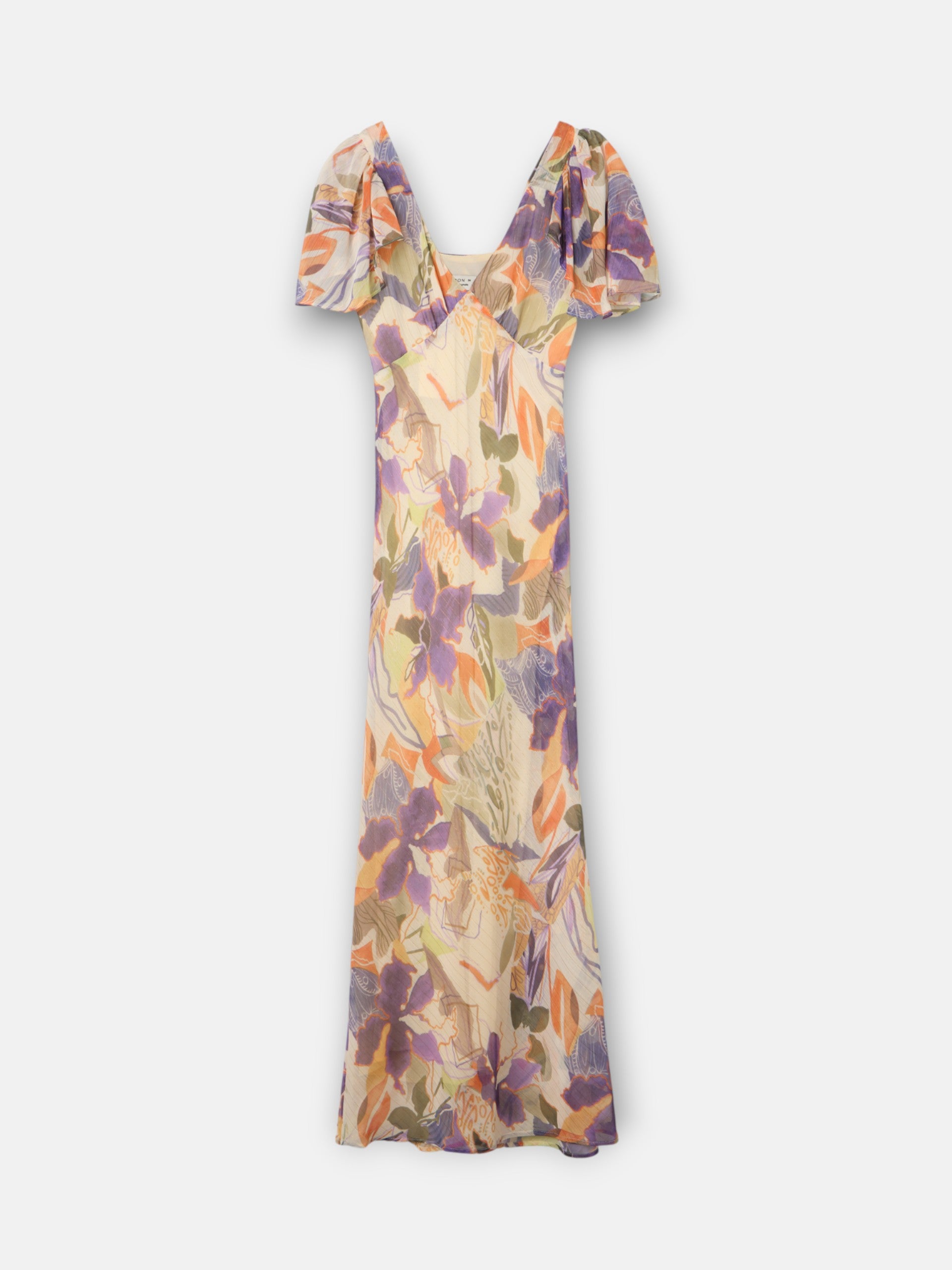 Vestido largo estampado flores moradas y naranjas